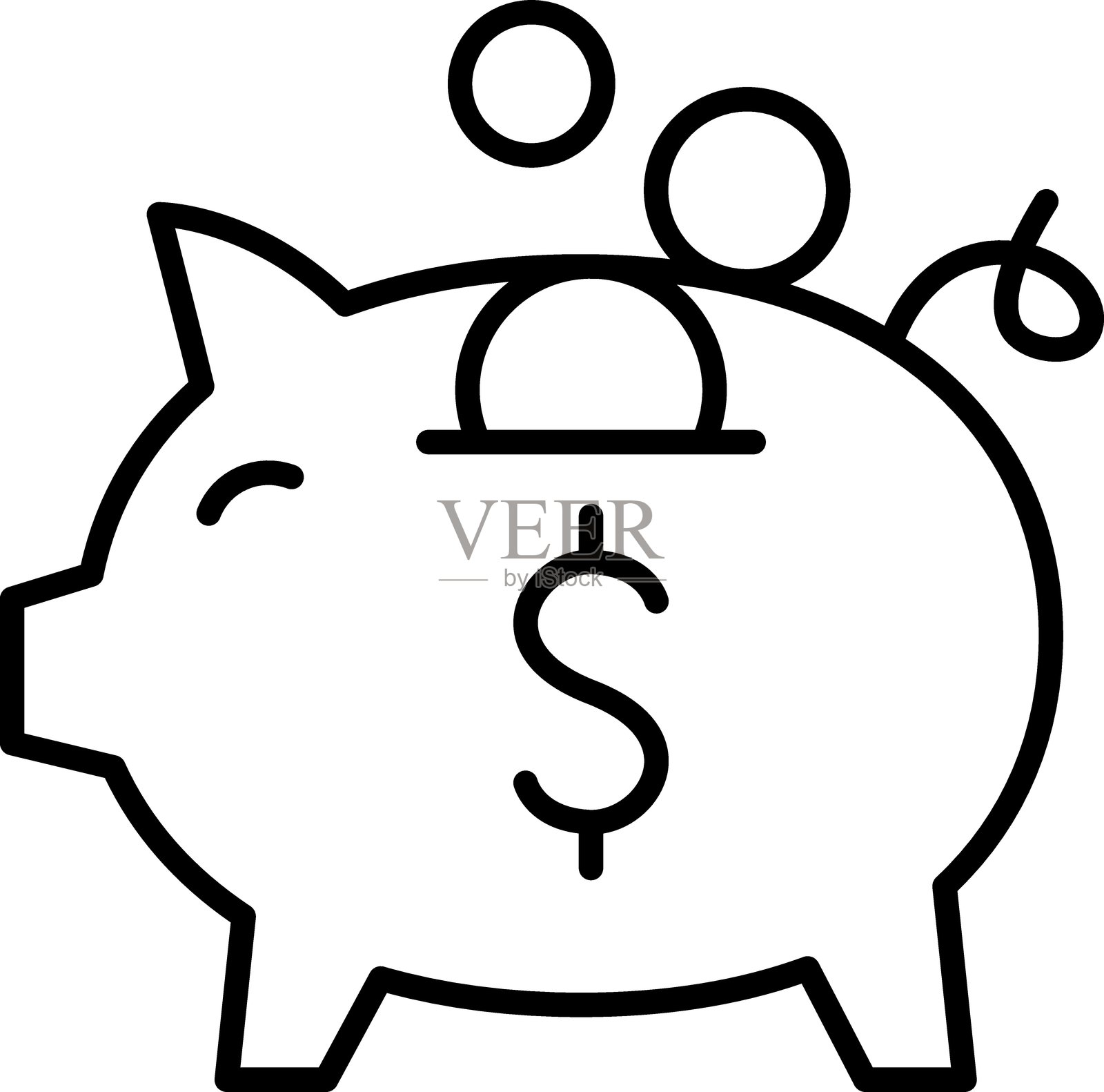 储蓄罐插图,配有代表储蓄的硬币,采用细线风格。插画图片素材