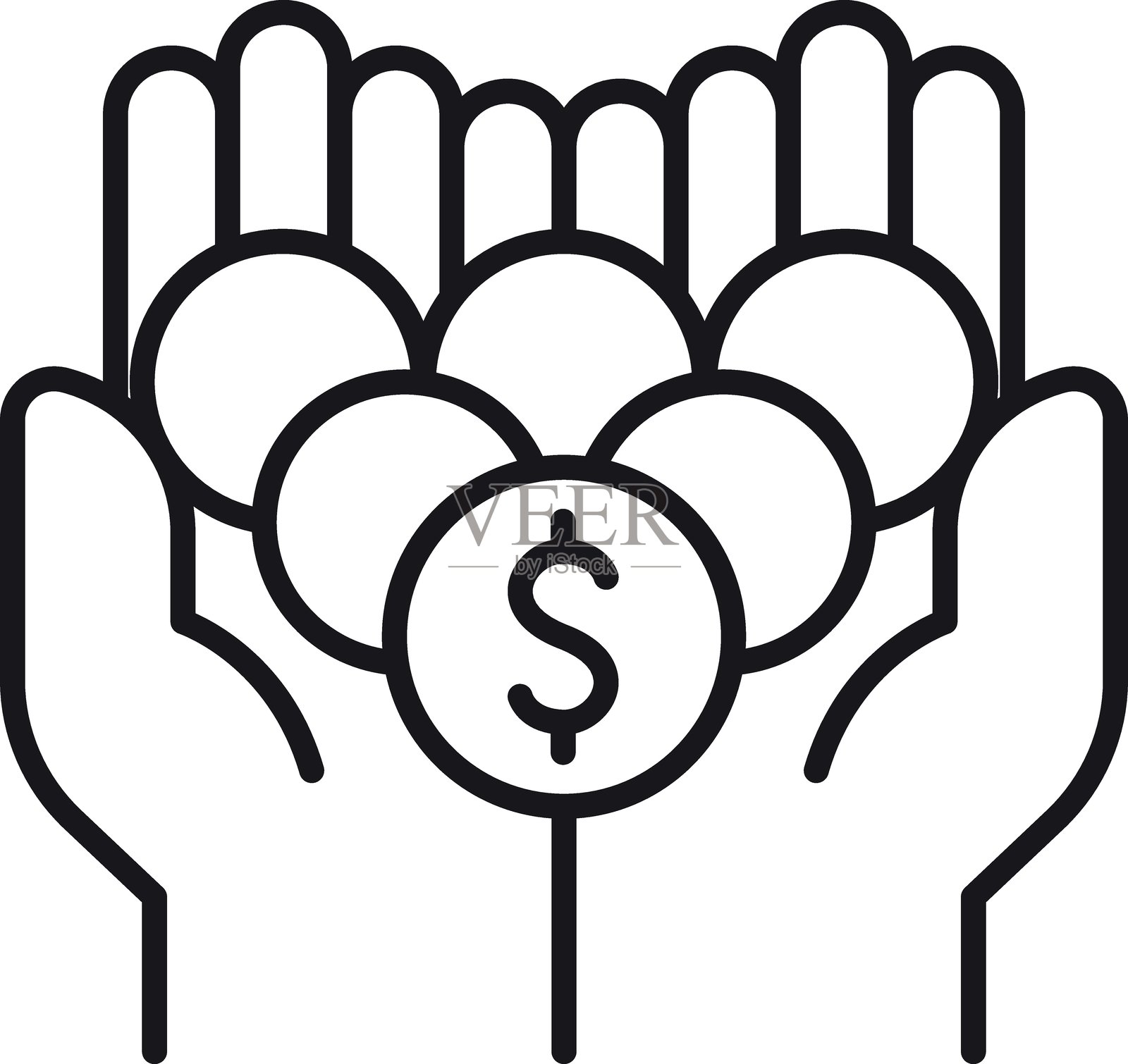 图标:手握硬币和美元符号,采用简约设计,细线风格。插画图片素材