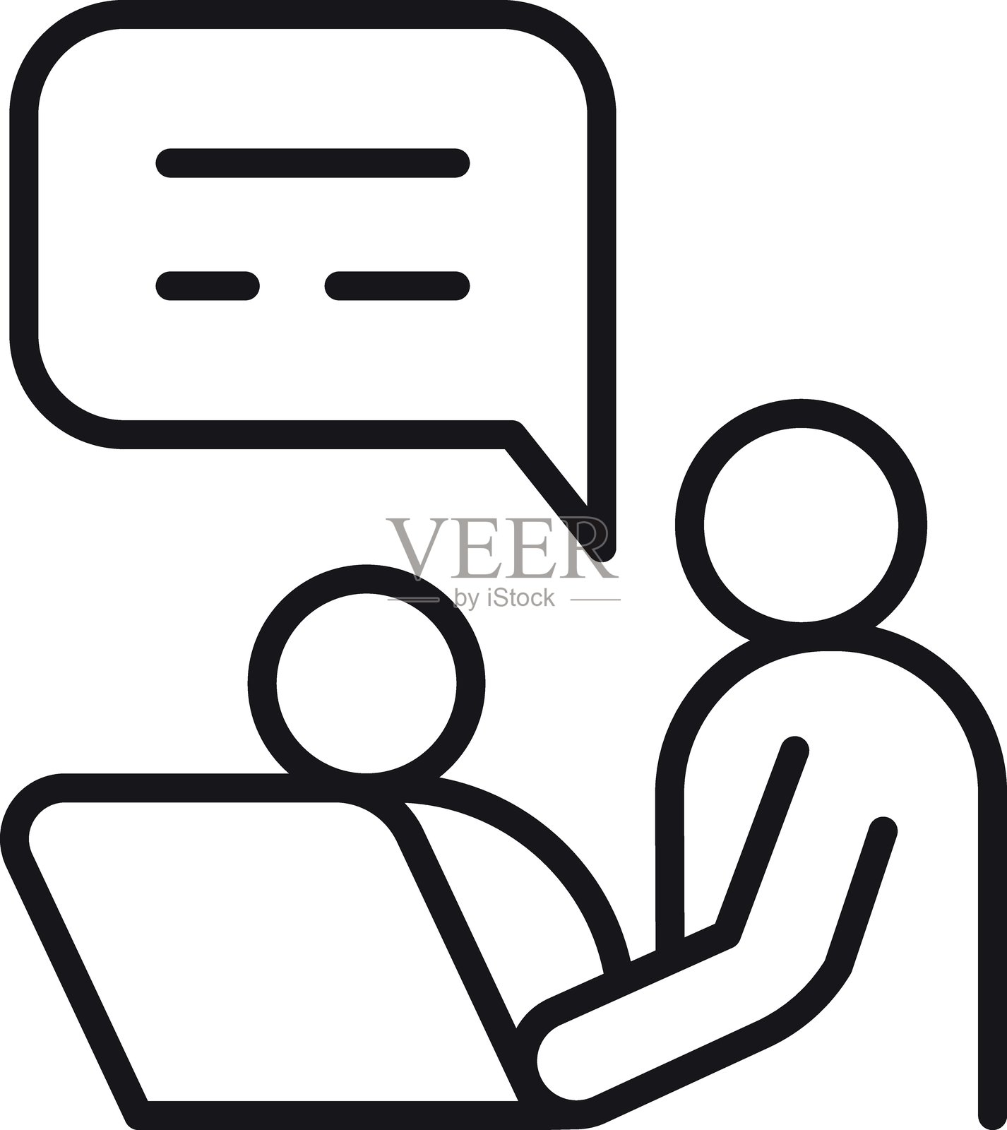 两个人在交谈,其中一个正在使用笔记本电脑,采用细线风格。插画图片素材