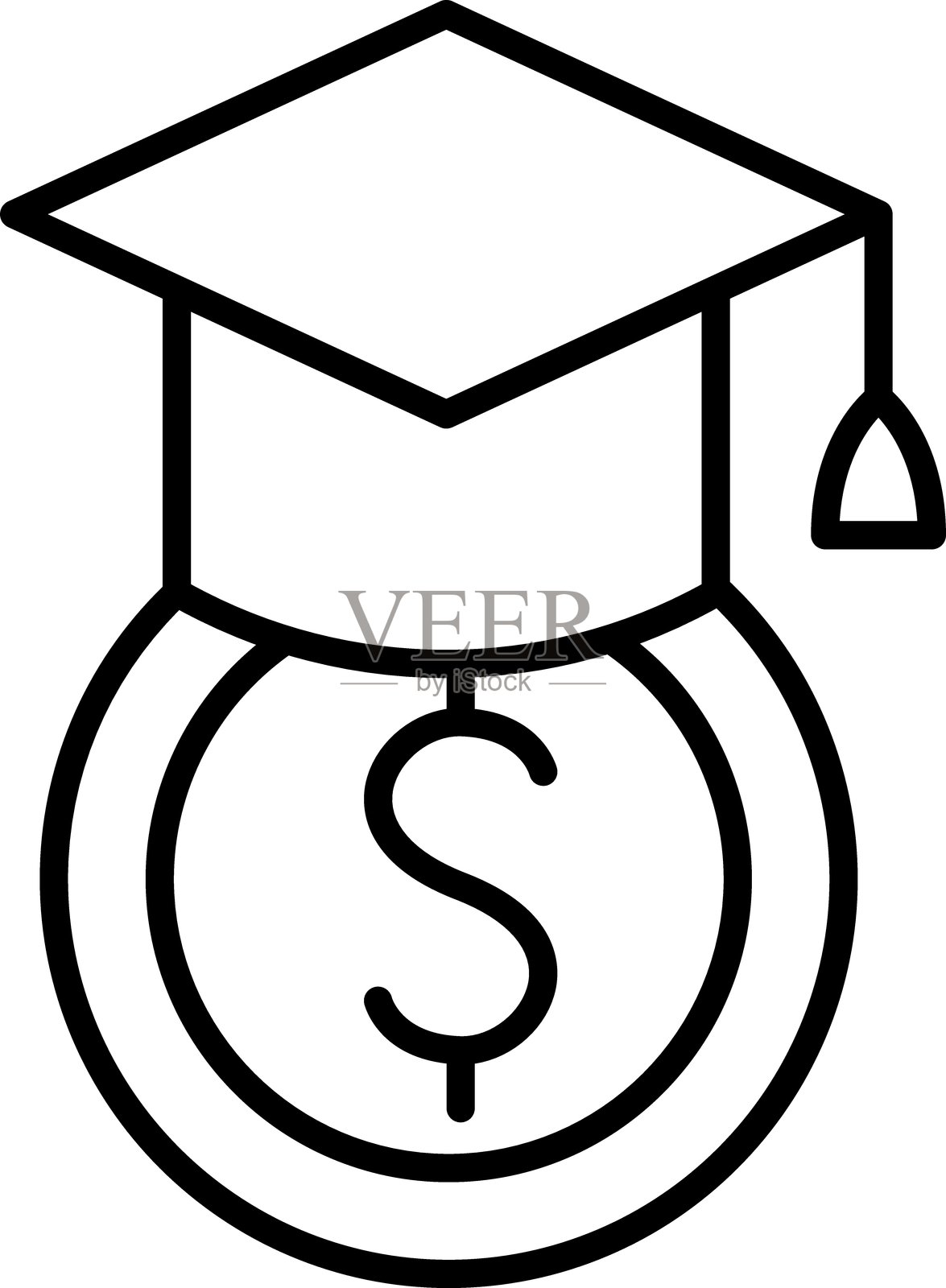 象征教育资金的毕业帽图标,带有货币符号,采用细线风格。插画图片素材