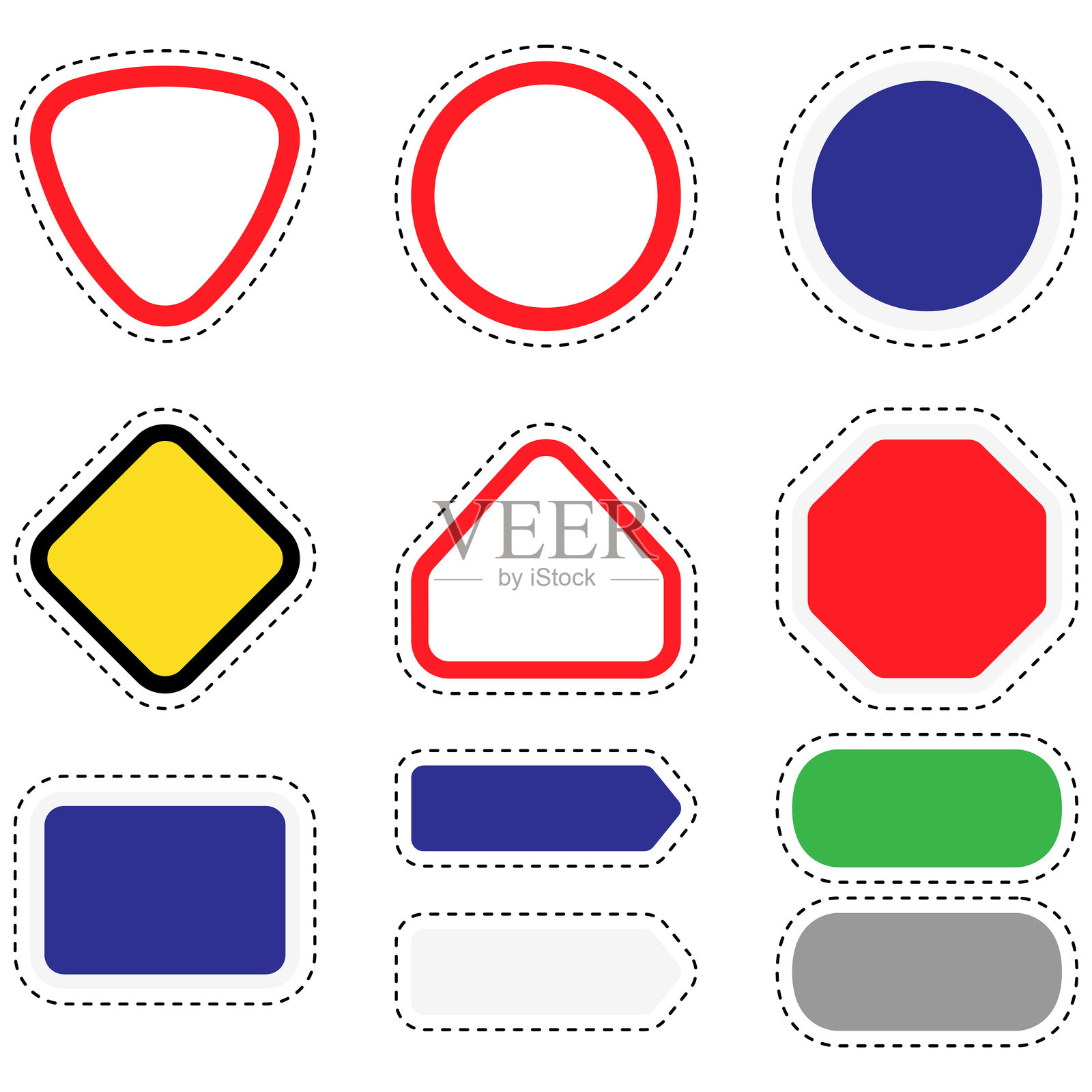 交通标志形状贴纸套装 - 三角形、圆形、八角形、箭头等插画图片素材