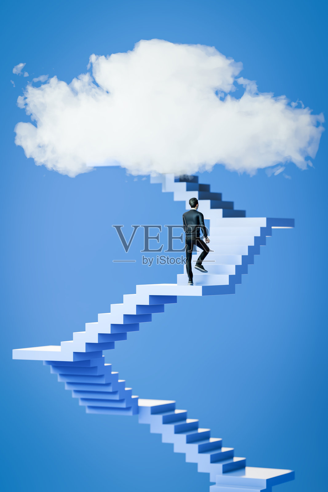 身穿西装的男性攀爬一座独立的楼梯通向云端。职业、成功或抱负的概念照片摄影图片