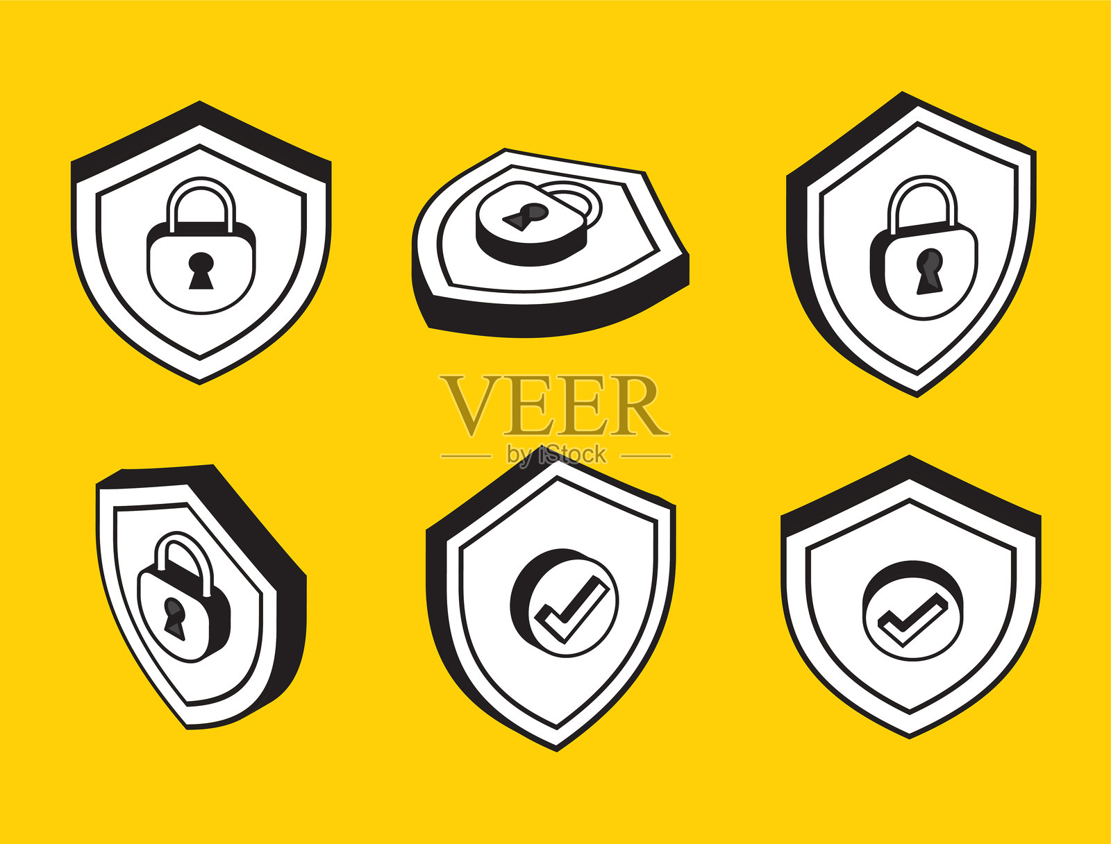 一组保护盾牌图标和符号,安全防范黑客攻击插画图片素材