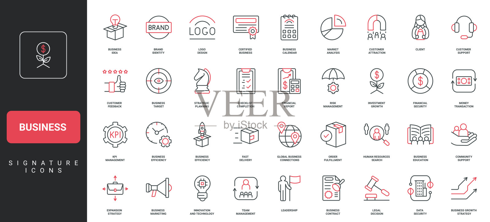 商业、企业公司营销、市场分析、团队组织线条图标集插画图片素材