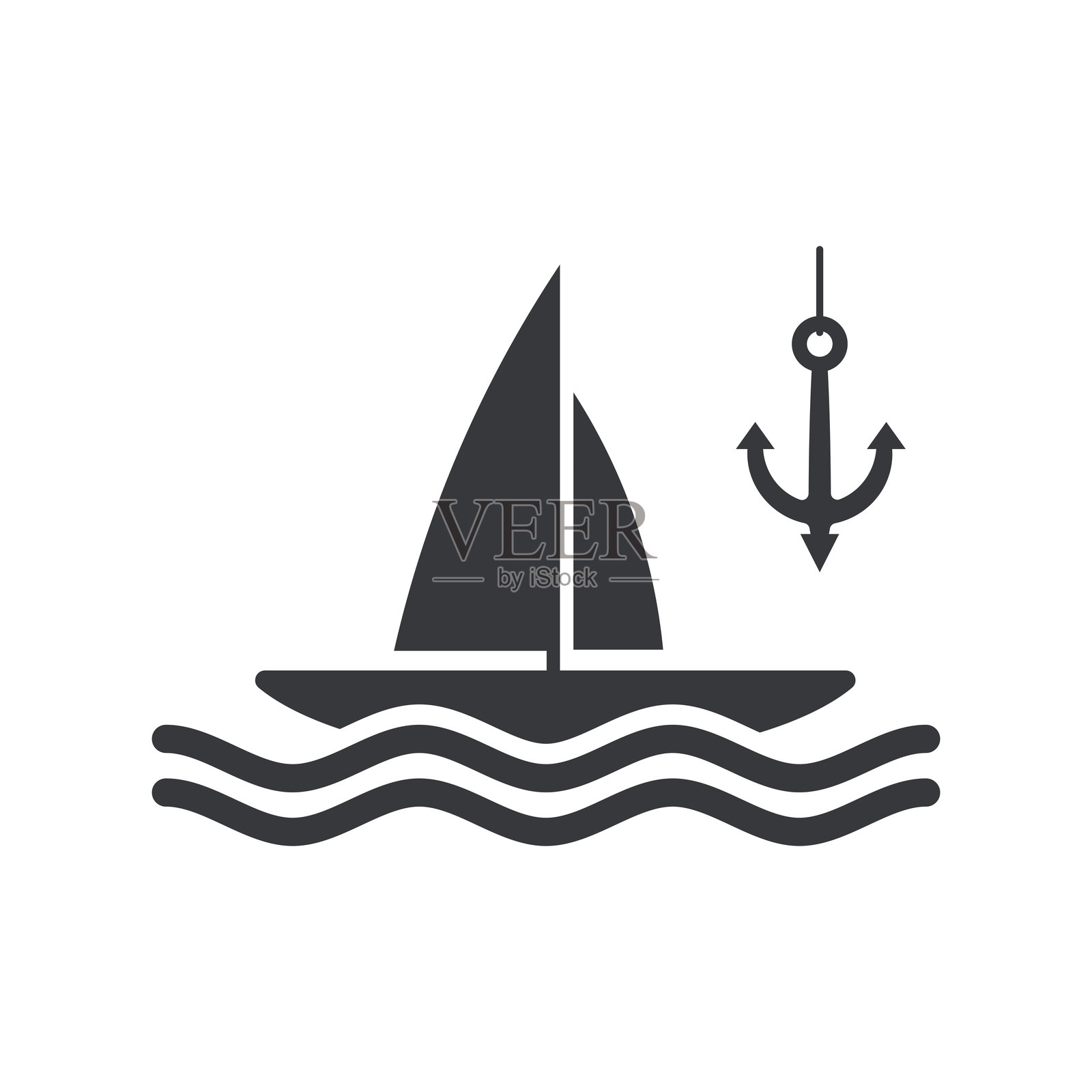 孤立的帆船图标停泊在波浪海面上,代表水上运动活动和海洋冒险。插画图片素材