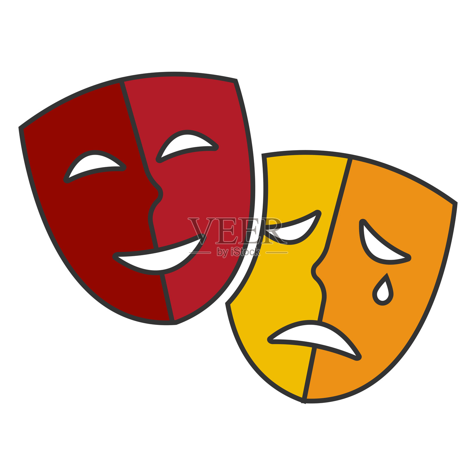 戏剧面具。喜剧、戏剧、悲剧的象征。化妆舞会,喜剧和悲剧面具图标。矢量图。插画图片素材