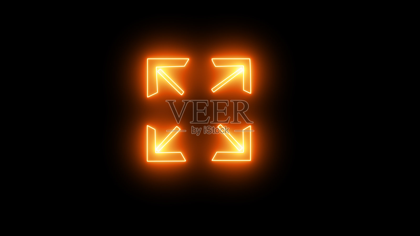 发光的霓虹方向箭头。四个方向的箭头,线性图标。黑色背景上的橙色霓虹风格。灯光图标。插画图片素材