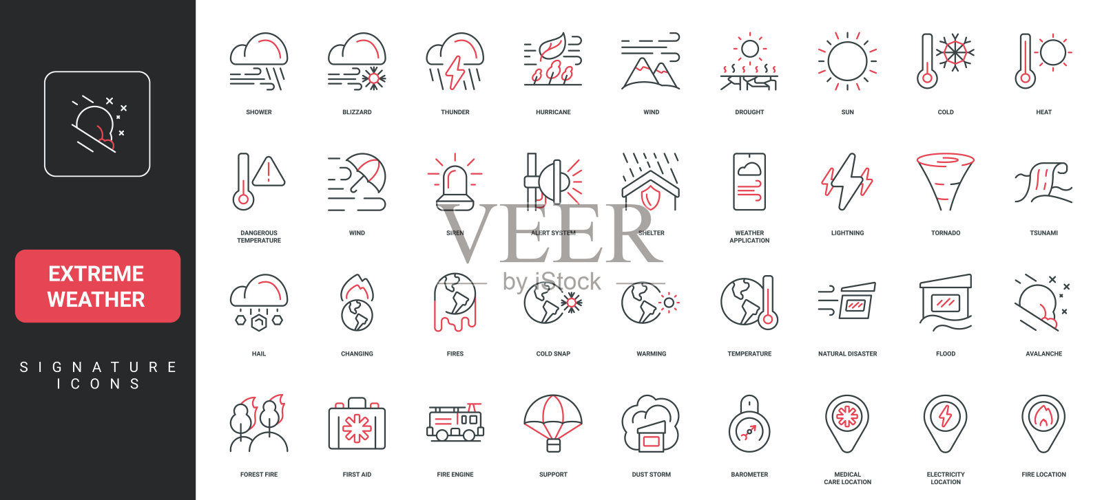 极端天气、强风暴和高温、自然灾害与危机线条图标集插画图片素材