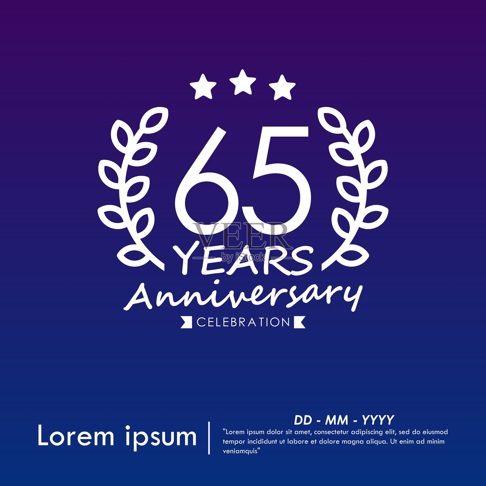 65周年庆典徽章。祝贺周年纪念标志,带有月桂树枝、星星和丝带,背景为深蓝色。适用于网页、传单、海报和贺卡的矢量插图设计模板。插画图片素材