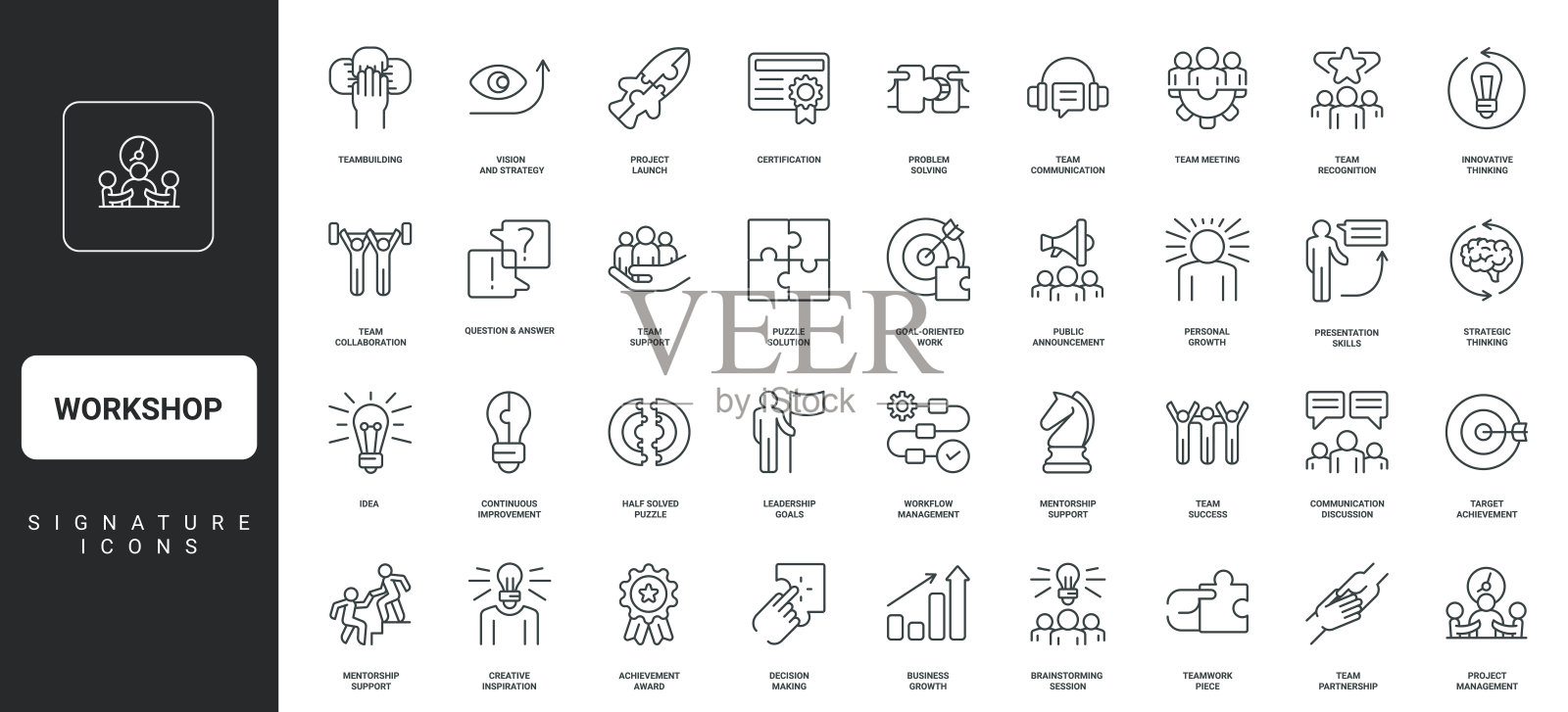 工作坊、团队建设和问题展示、头脑风暴、游戏化线条图标集插画图片素材