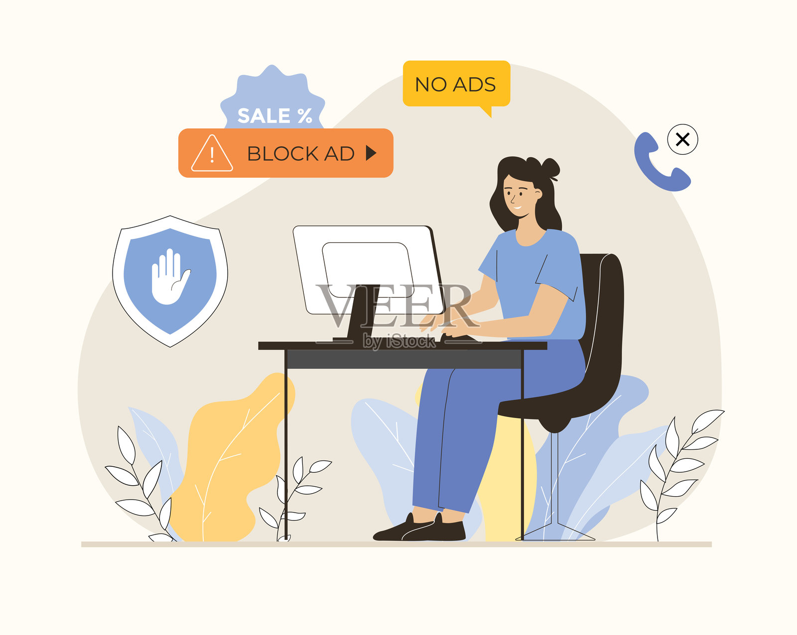 广告拦截。无广告、反垃圾邮件保护,无广告概念。网站广告拦截软件。扁平化矢量插图。插画图片素材