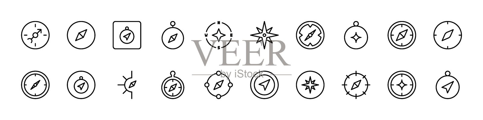一组指南针线条图标。适用于网页和图形设计、应用程序、横幅、社交网络和卡片的极简线性图标。插画图片素材