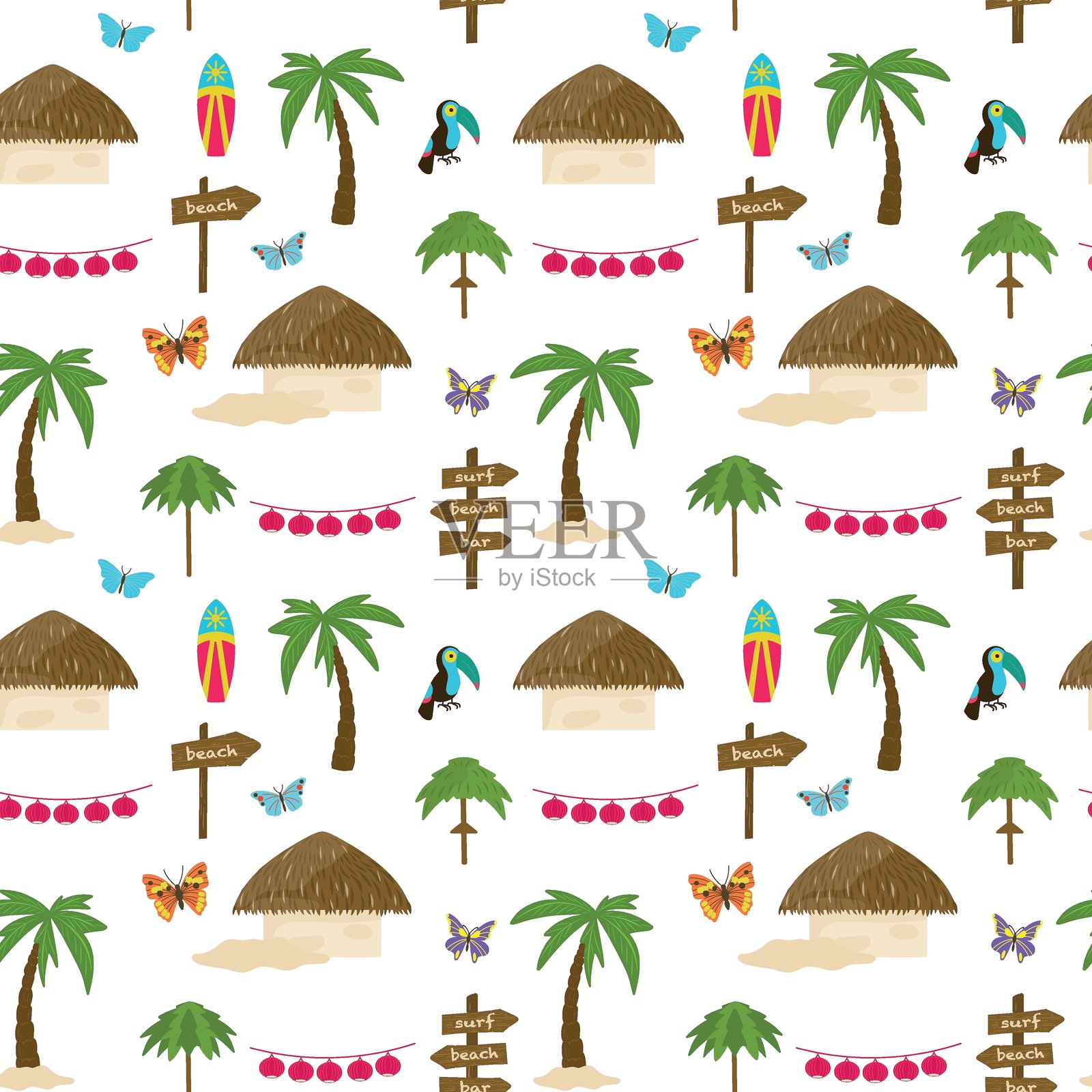 热带手绘无缝图案。棕榈树、平房、巨嘴鸟、冲浪板、蝴蝶、木牌。卡通风格的矢量插图。热带图案。插画图片素材