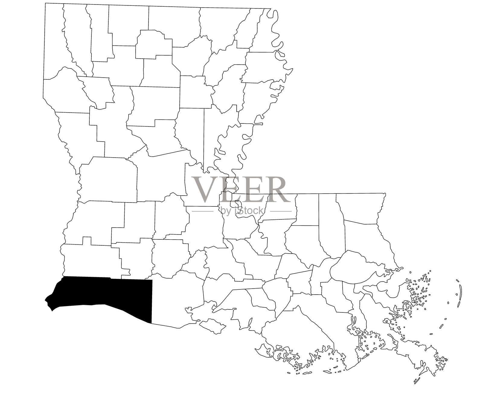 路易斯安那州卡梅伦教区地图,白色背景。路易斯安那州地图上以黑色突出显示的单一教区地图。美国。插画图片素材