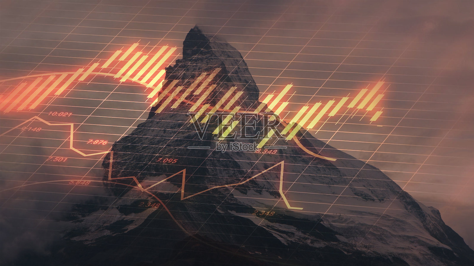 股市波动起伏,背景是一座山。照片摄影图片