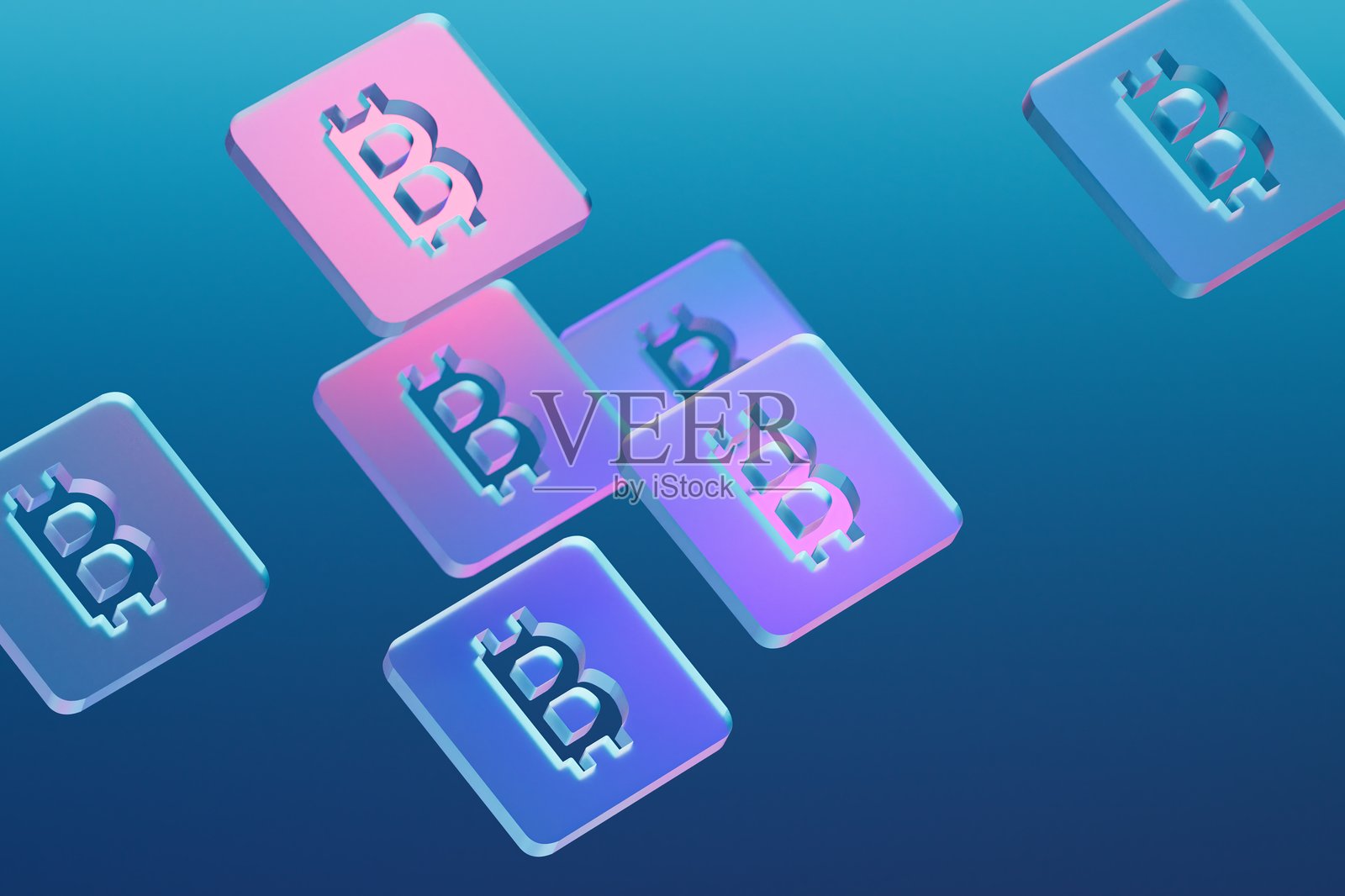 掉落的玻璃比特币图标,伴随蓝色和粉色光线。3D渲染。照片摄影图片