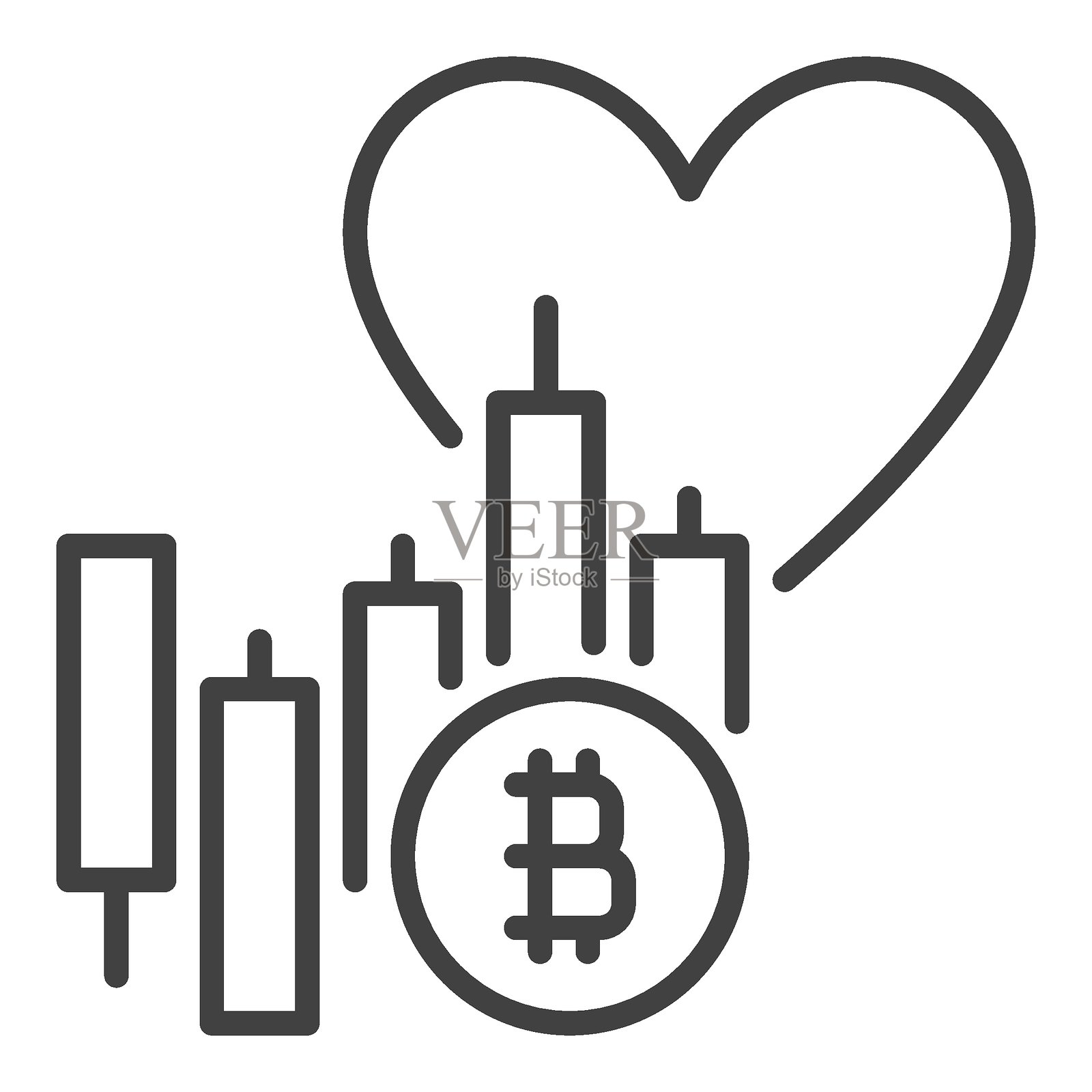 带心形的比特币市场图表交易轮廓图标或符号插画图片素材