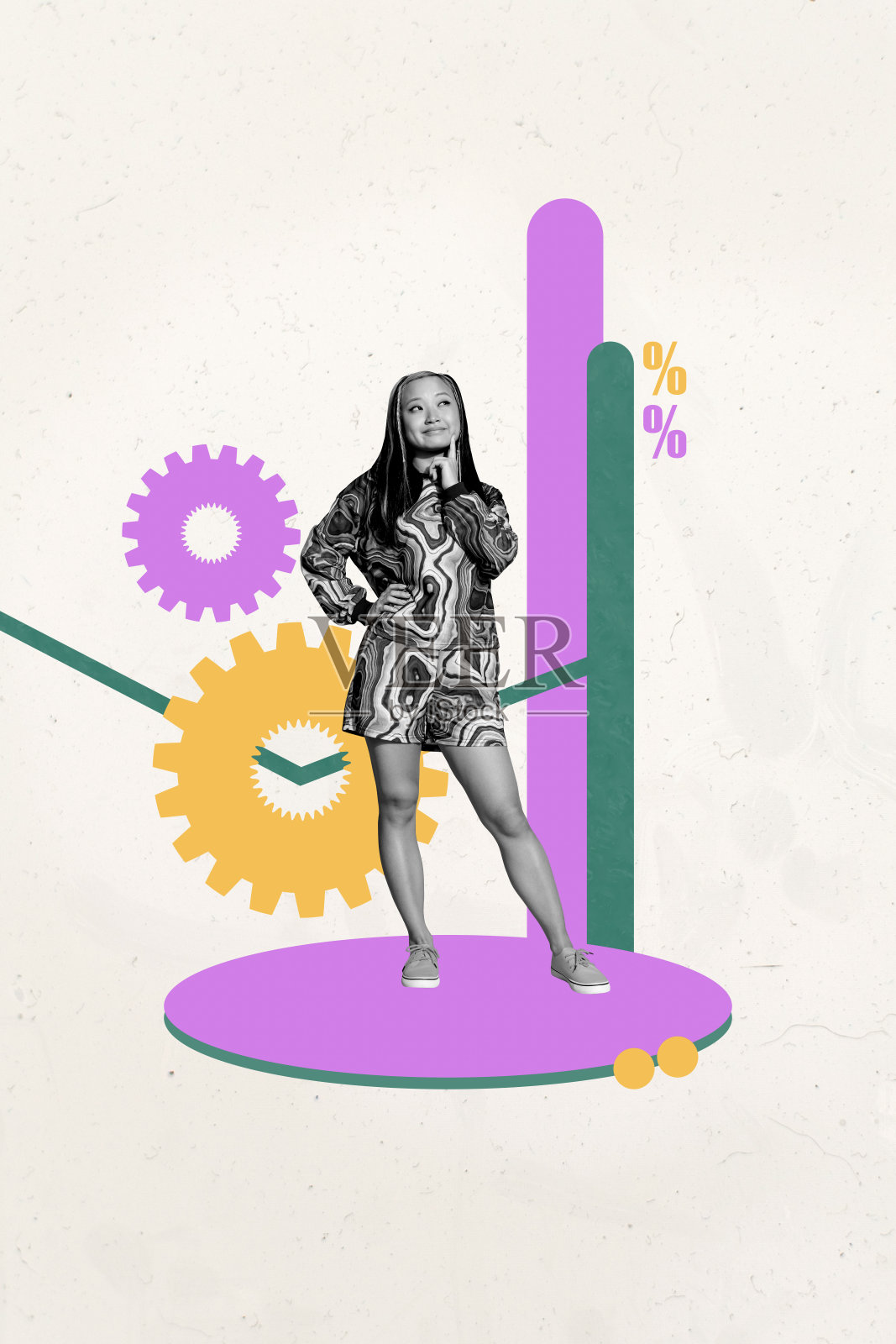 快乐的女商人与男商人在图表发展和齿轮优化设置中站立的竖版照片拼贴素描照片摄影图片