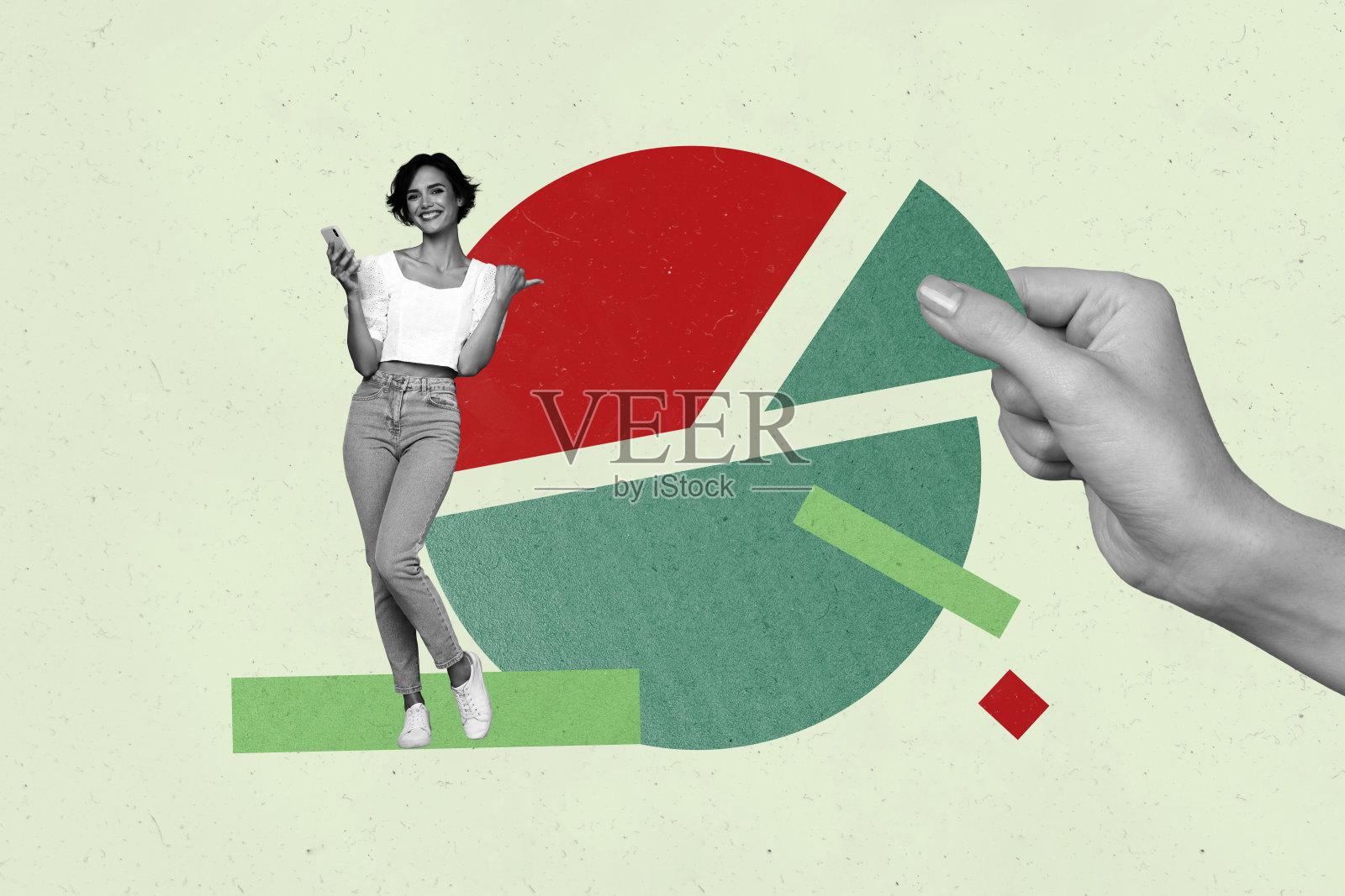 3D海报图像杂志照片拼贴,兴奋的男商人和女商人站在图表元素发展进度统计旁边照片摄影图片