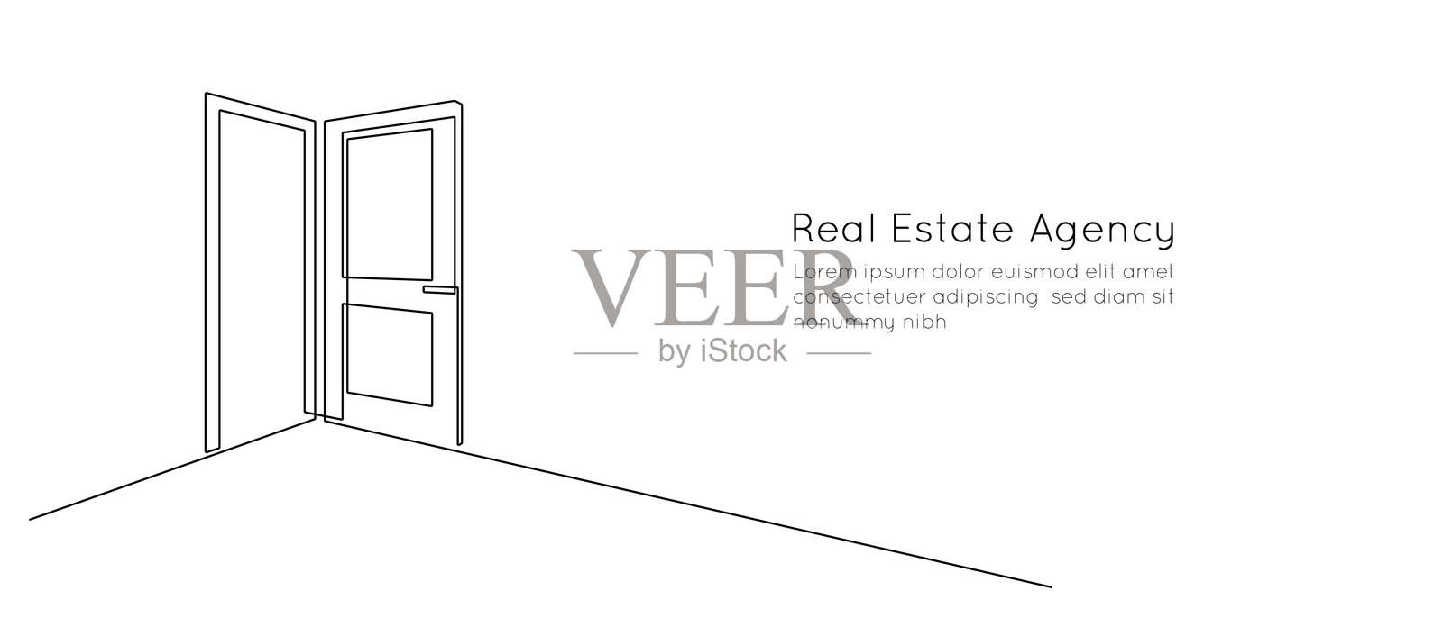 一笔画风格的打开的门。简单线条风格的房屋前门进出。可编辑线条的未来机会概念。一笔画矢量插图。插画图片素材