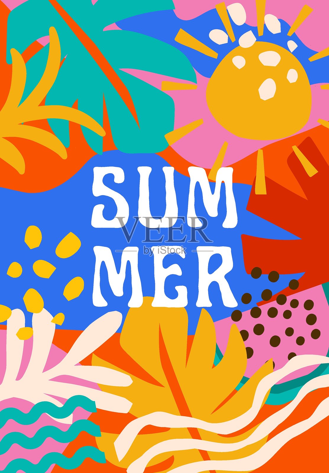 色彩缤纷的热带夏季背景。夏季横幅,海报设计与丛林叶子。矢量插图插画图片素材