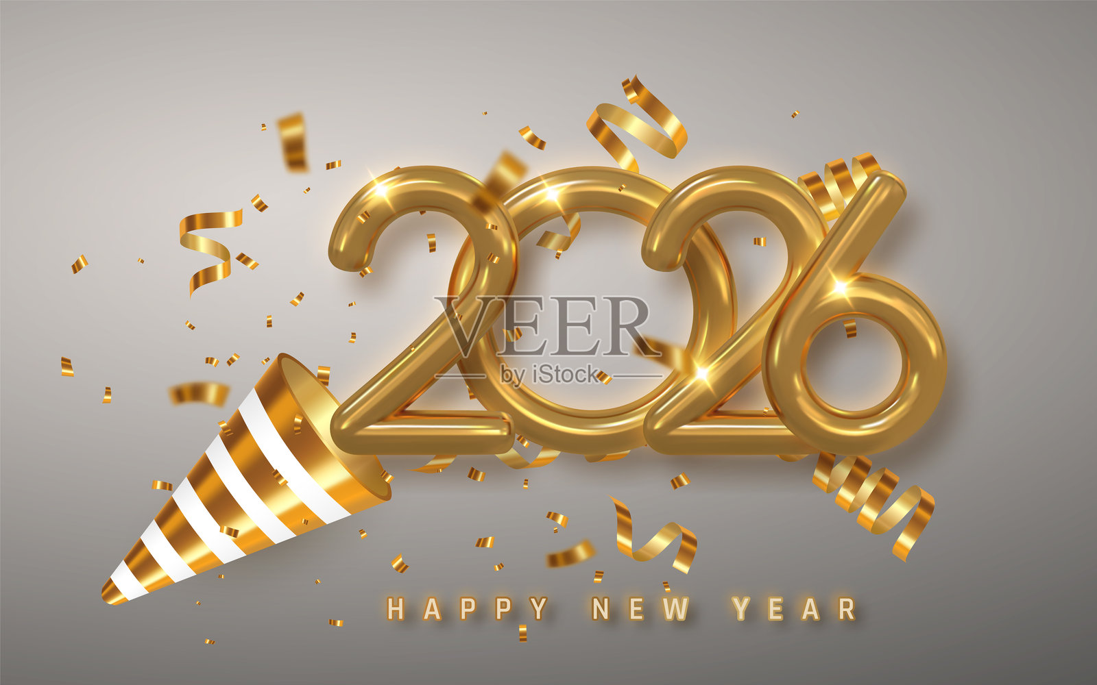 2026年新年庆祝活动,金色数字、五彩纸屑和派对喷炮在灰色背景上。优雅的节日设计。矢量插图插画图片素材