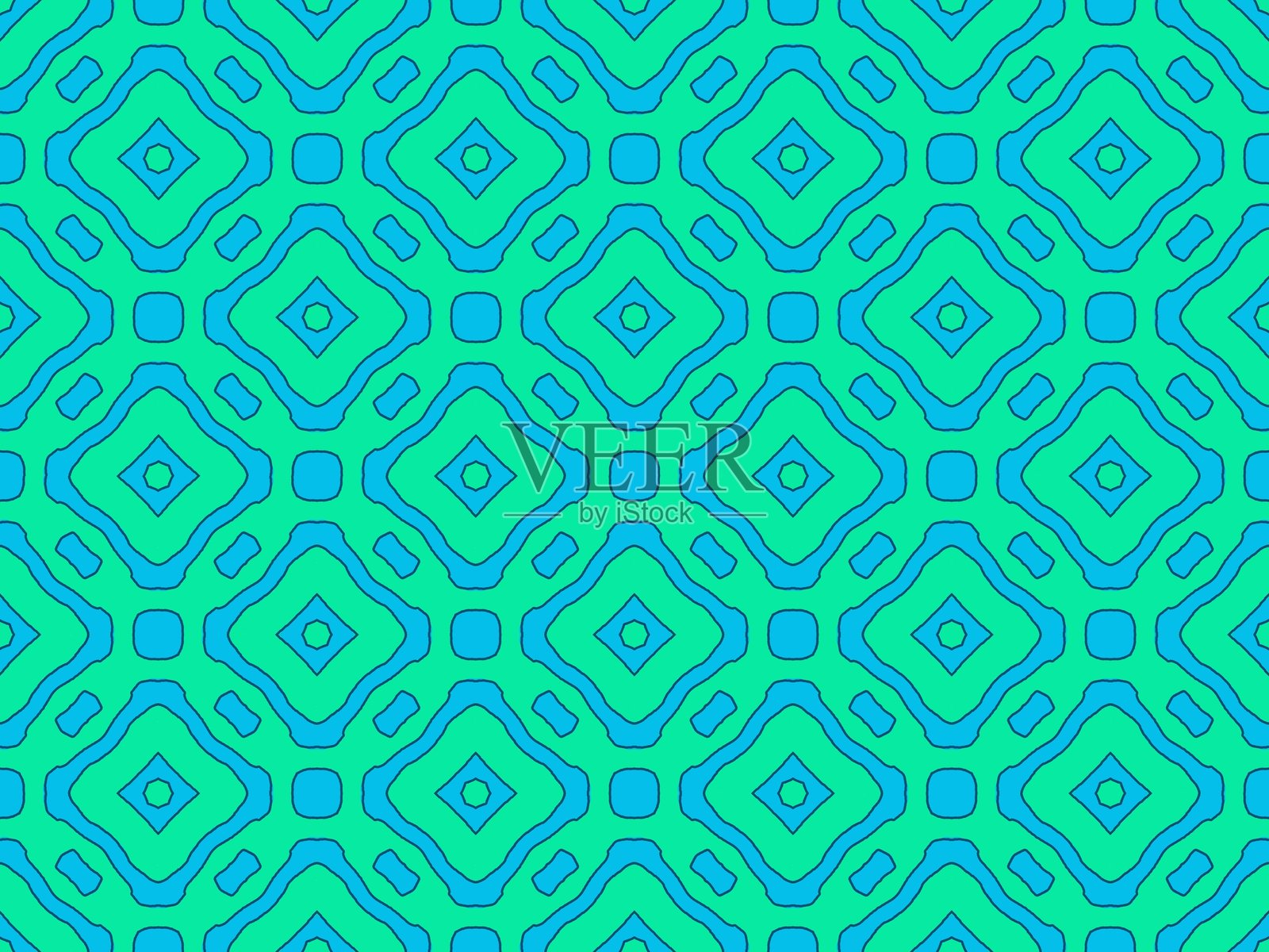 重复的几何图案,蓝色形状在绿色背景上插画图片素材