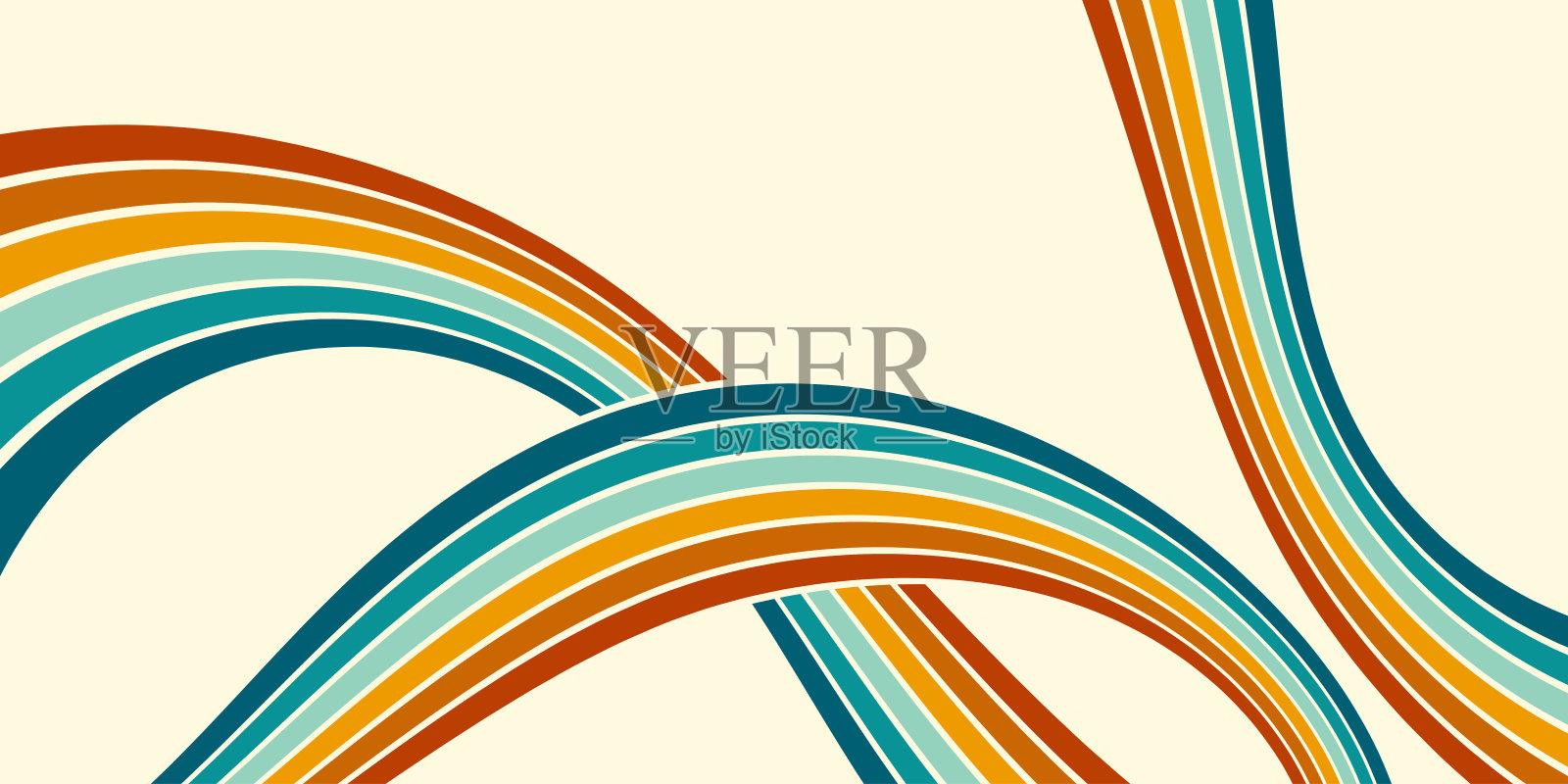 1970年代嬉皮复古风格的彩虹波浪线设计抽象背景。矢量图案可用于布料、纺织品、包装等。插画图片素材