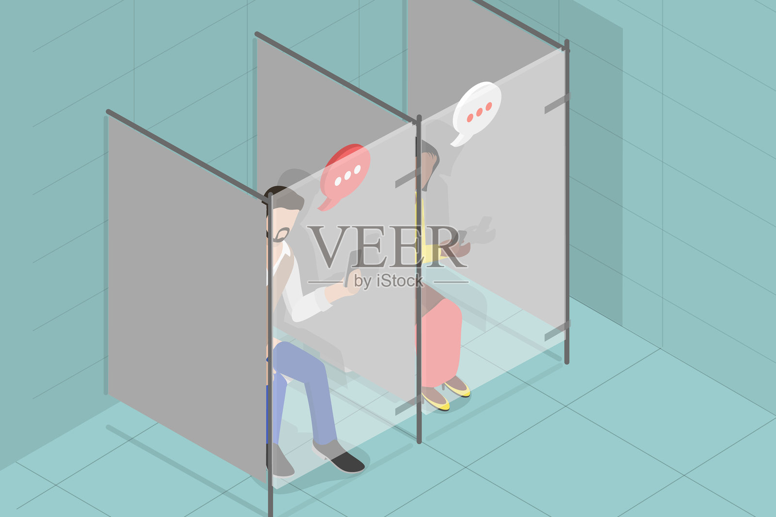 洗手间使用电子设备的3D等距平面矢量插图插画图片素材