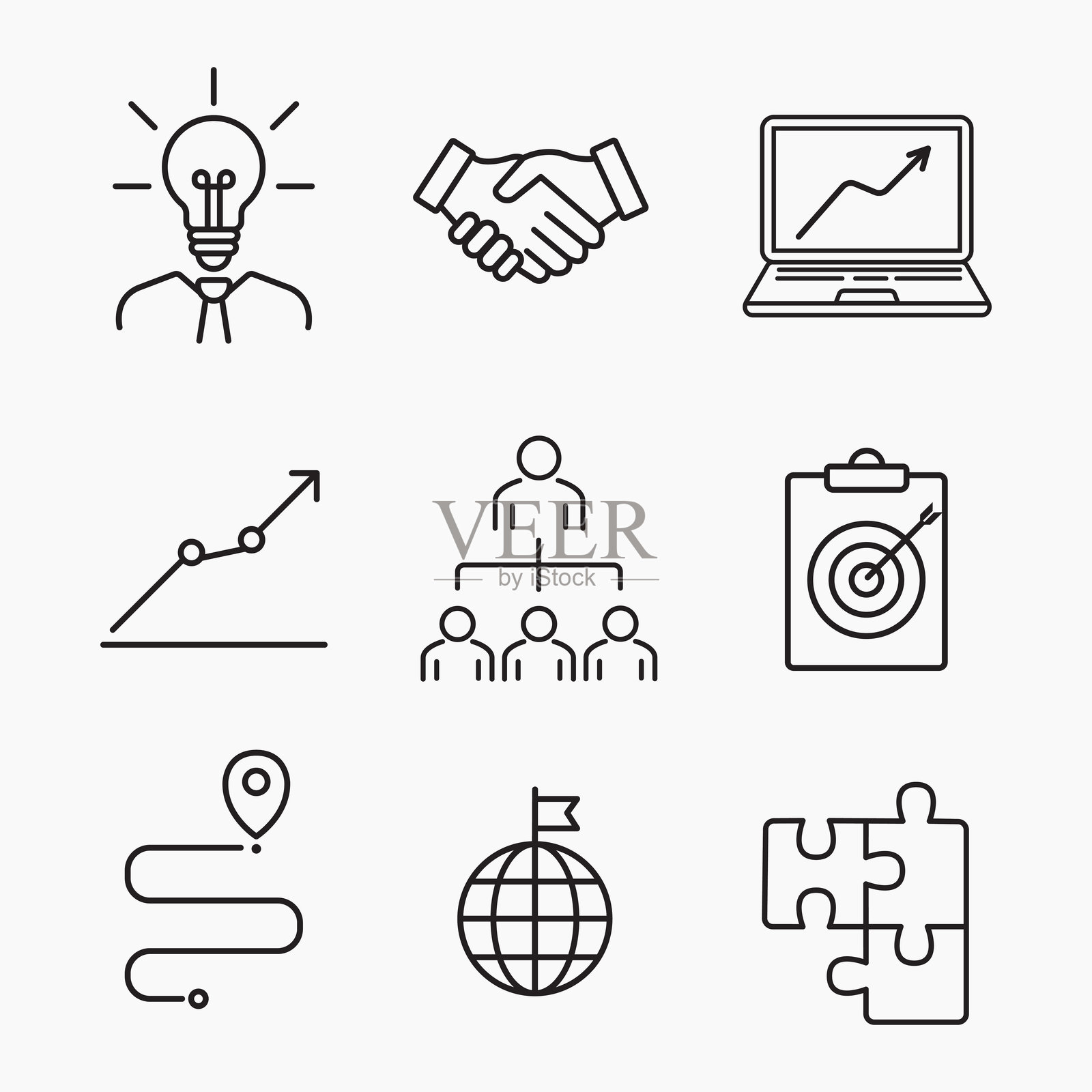 商业增长、团队合作、全球战略和创新的图标集,适合企业、市场营销和规划视觉效果。插画图片素材