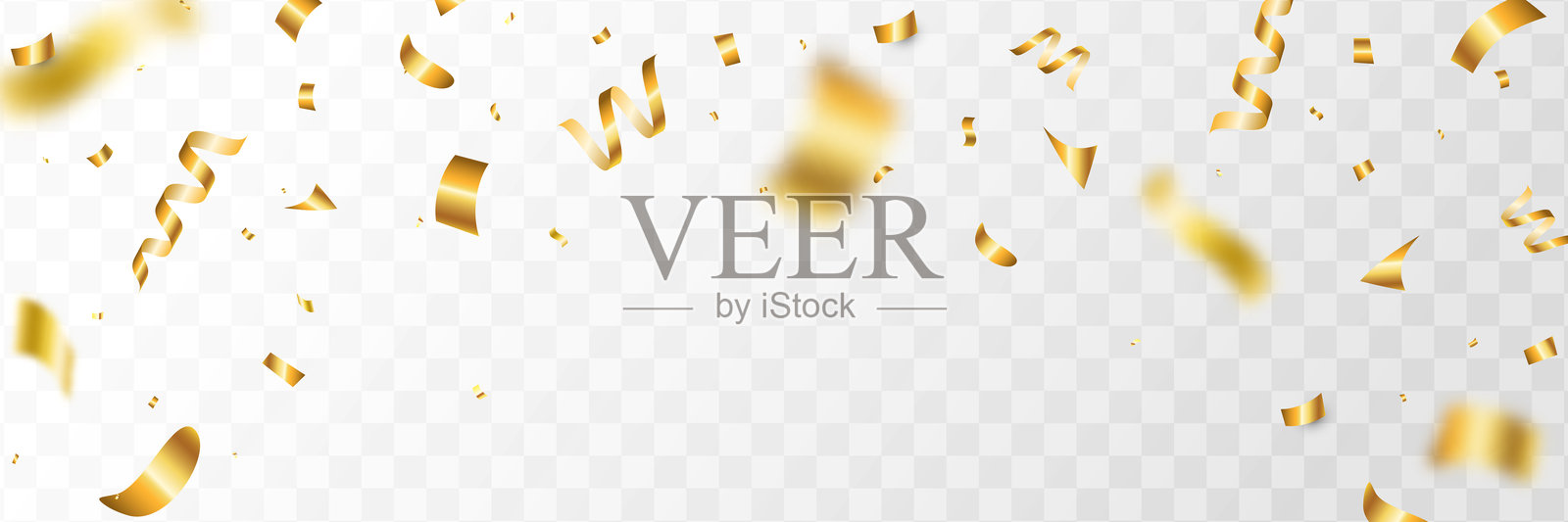 五彩纸屑庆祝背景。金色丝带在透明背景上飘落。节日活动、派对边框。新年贺卡。周年纪念边框。矢量插图插画图片素材