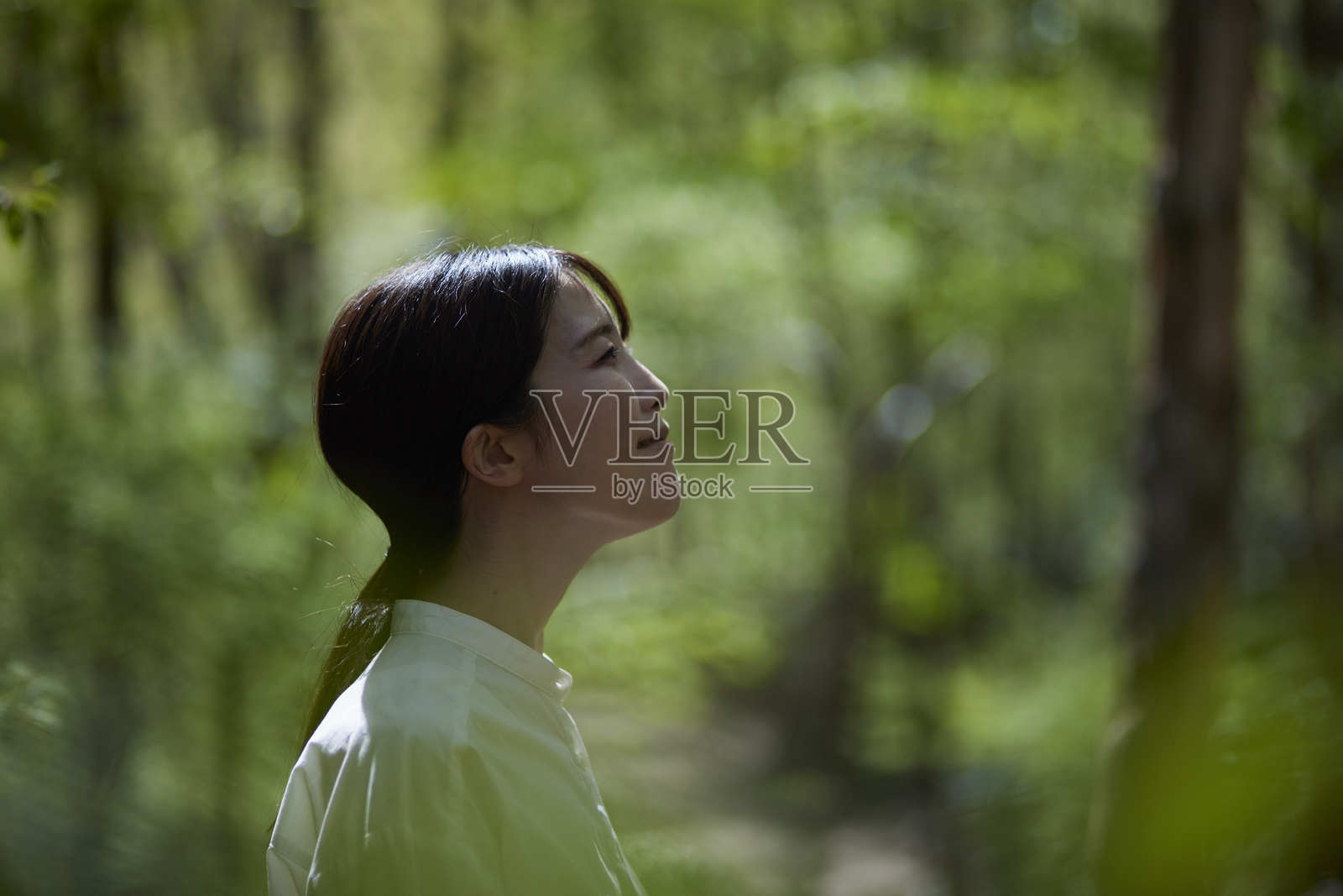 日本女性在大自然中享受森林浴照片摄影图片