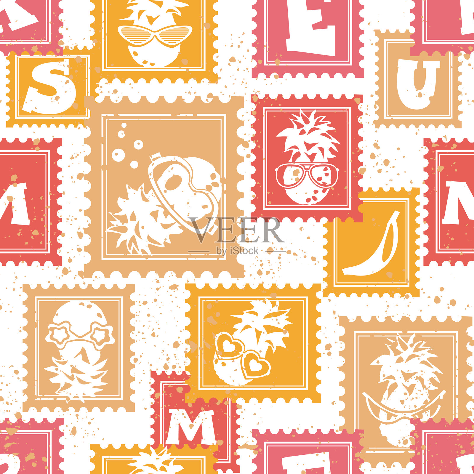 夏季特色的卡通风格太阳镜菠萝角色邮票套装。白色背景上的夏季拟人化菠萝邮票,佩戴太阳镜。创意矢量模板,展示独特的夏季角色。插画图片素材