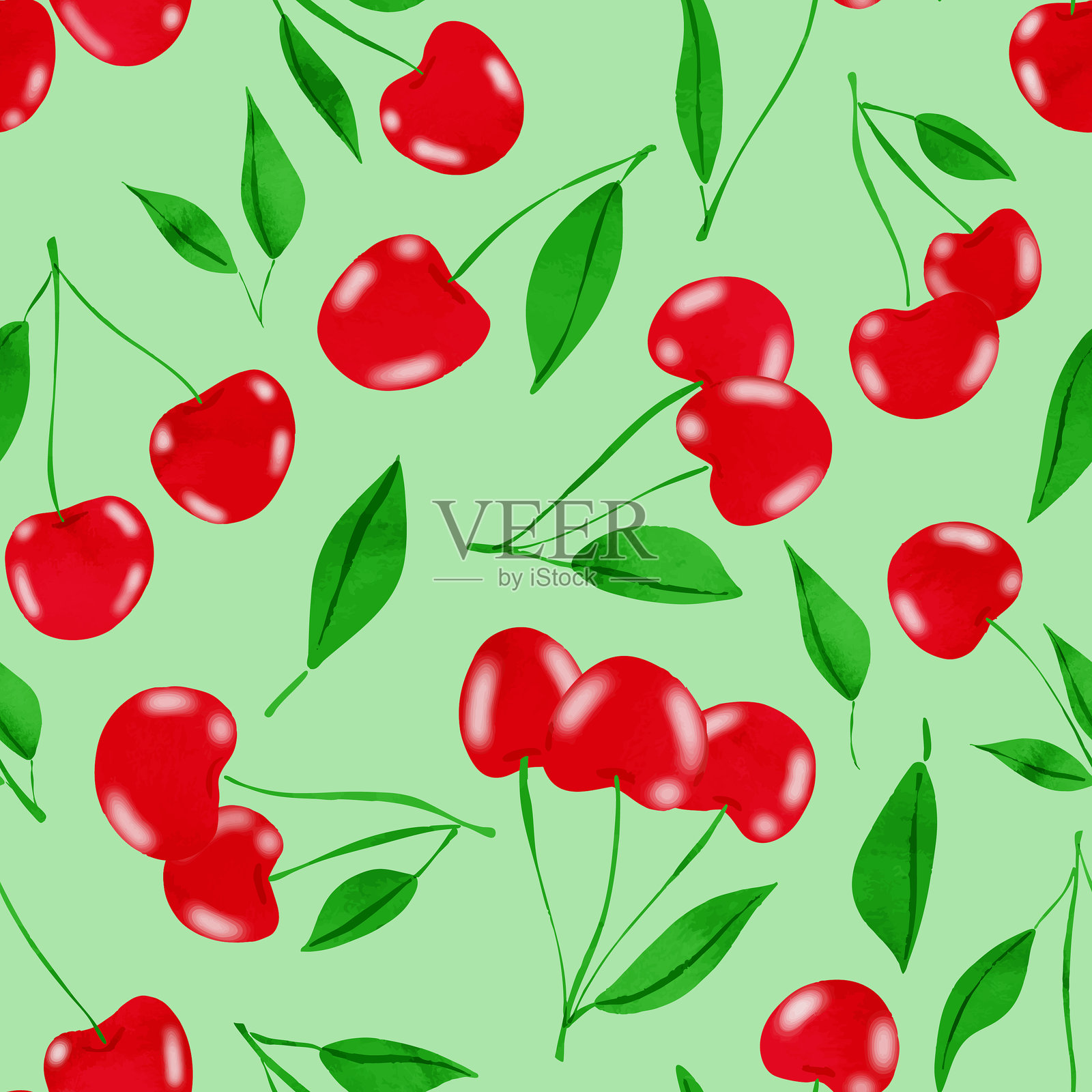 樱桃无缝图案,水彩画。插画图片素材