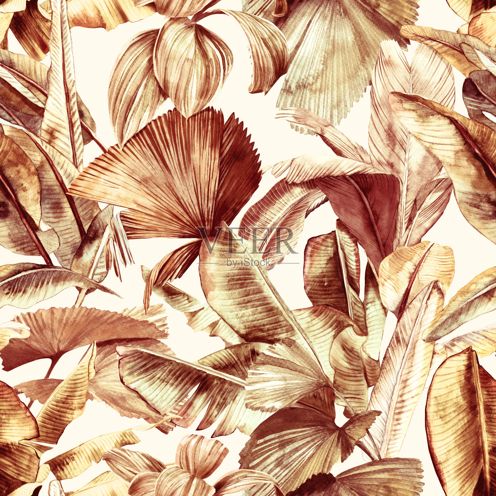 无缝热带图案,包含各种水彩叶子,色调为大地色。叶子包括香蕉叶和棕榈叶,绿色、棕色和黄色的色调在白色背景上。植物壁纸插画图片素材