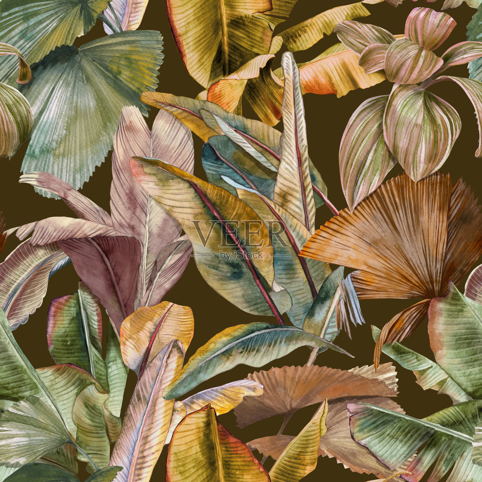 无缝热带图案,包含各种水彩叶子,色调为大地色。叶子包括香蕉叶和棕榈叶,绿色、棕色和黄色的色调在白色背景上。植物壁纸插画图片素材