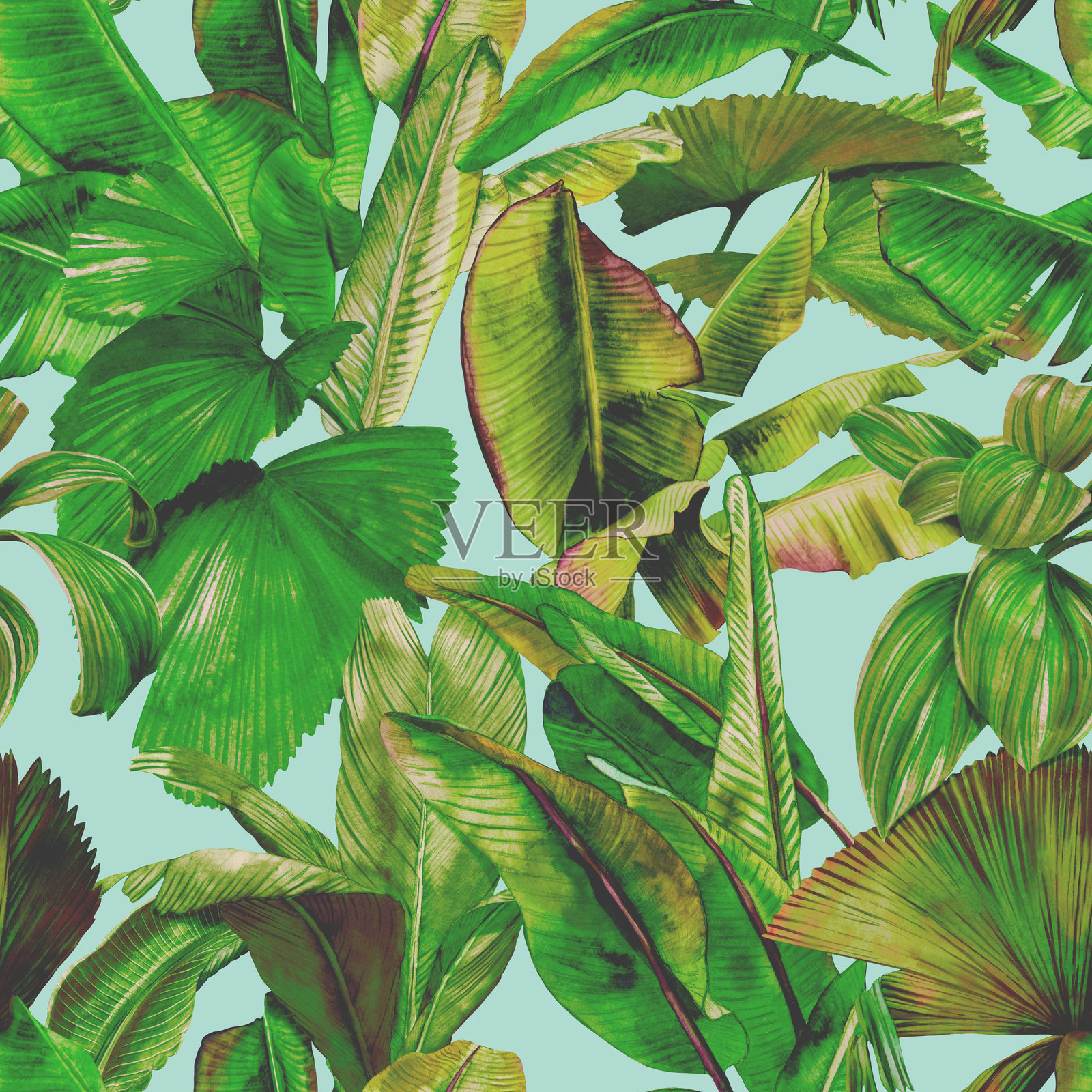 无缝热带图案,包含各种绿色调的水彩叶子。叶子包括香蕉叶和棕榈叶,呈现绿色、棕色和黄色的色调,背景为白色。植物壁纸插画图片素材