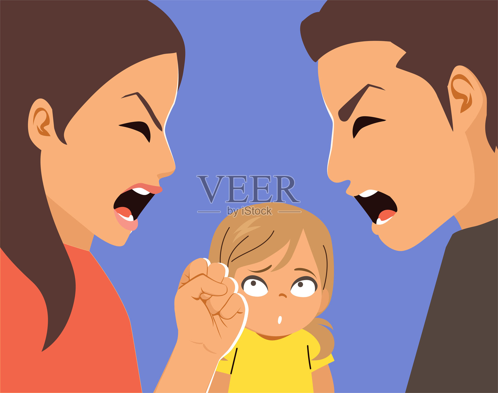 情侣争吵,孩子目睹冲突,卡通矢量插图插画图片素材