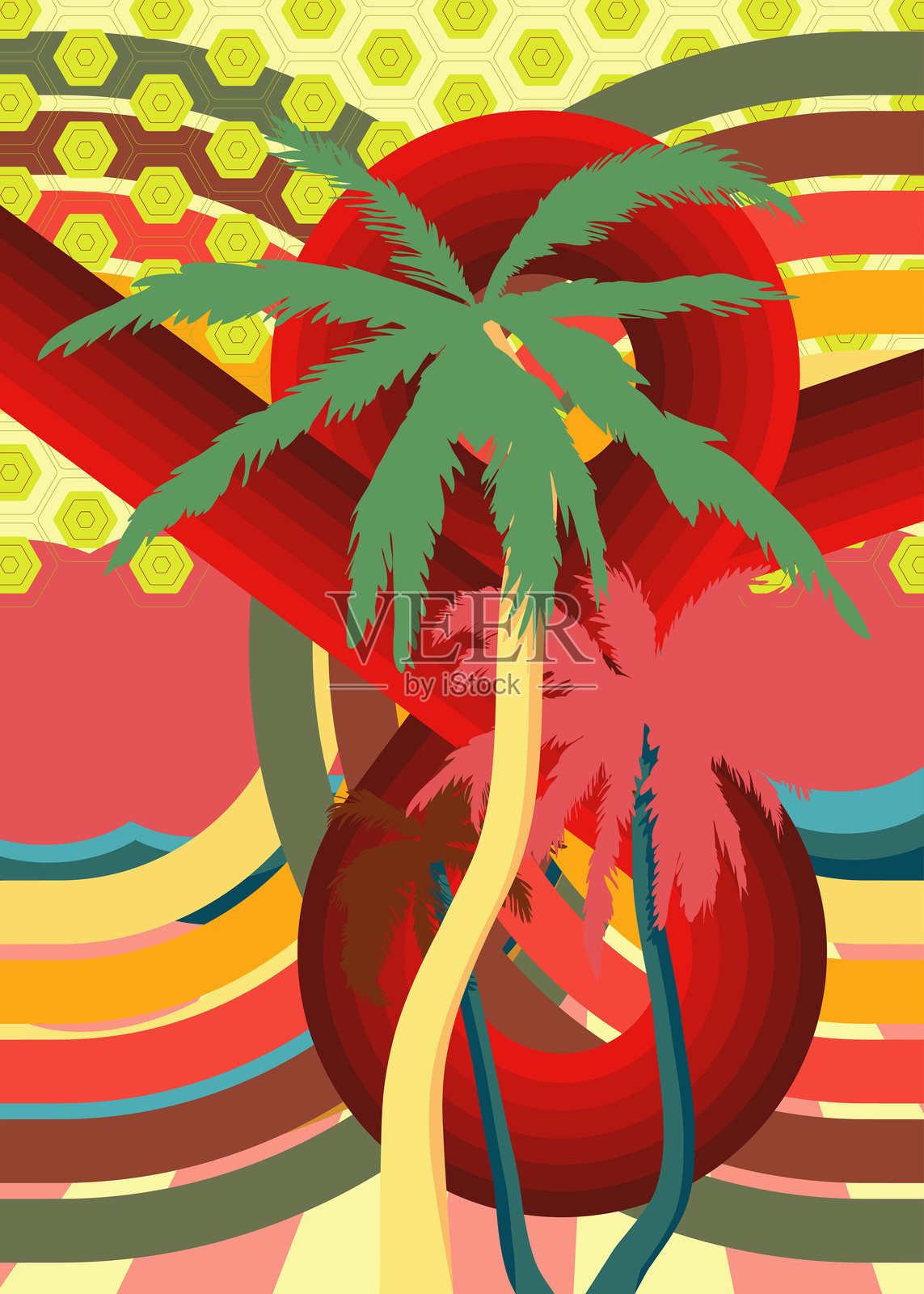 复古70年代背景与棕榈树。时髦的热带1970年代艺术模板。极简复古设计海报。老式色彩艺术作品。插画图片素材