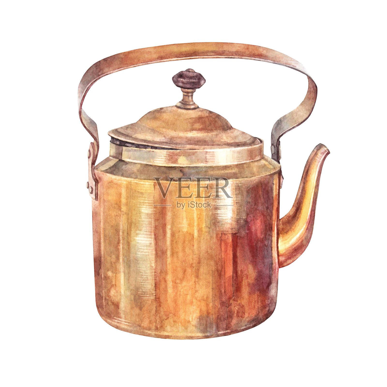 水彩复古铜金茶壶,孤立在白色背景上。厨房或花园的光亮装饰壶。贴纸或卡片的剪贴画。带把手的水壶。壁纸和包装。插画图片素材