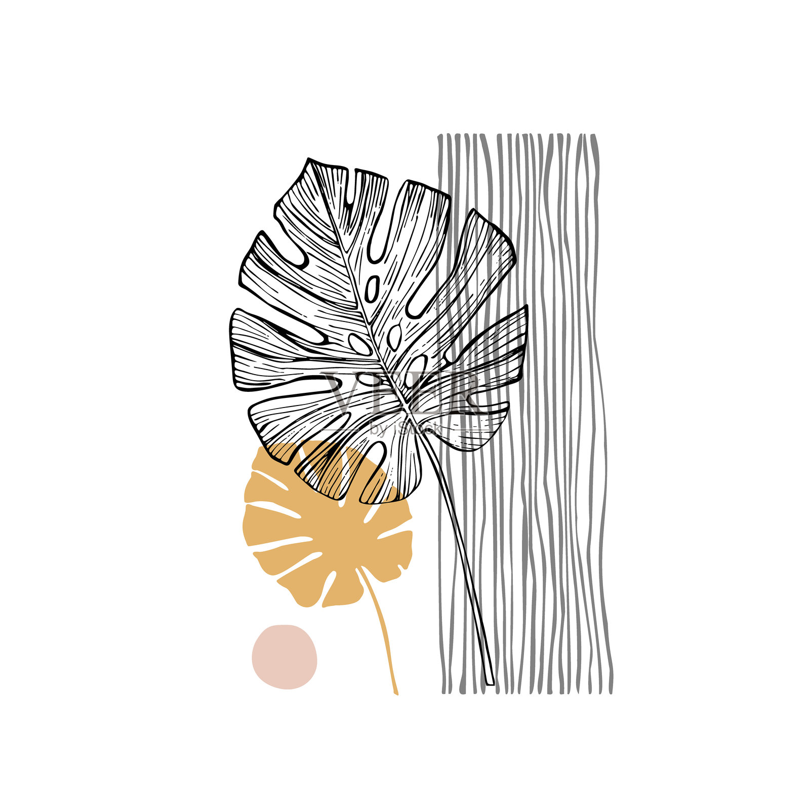 现代几何布局:抽象形状,热带叶子,极简平面风格插画图片素材