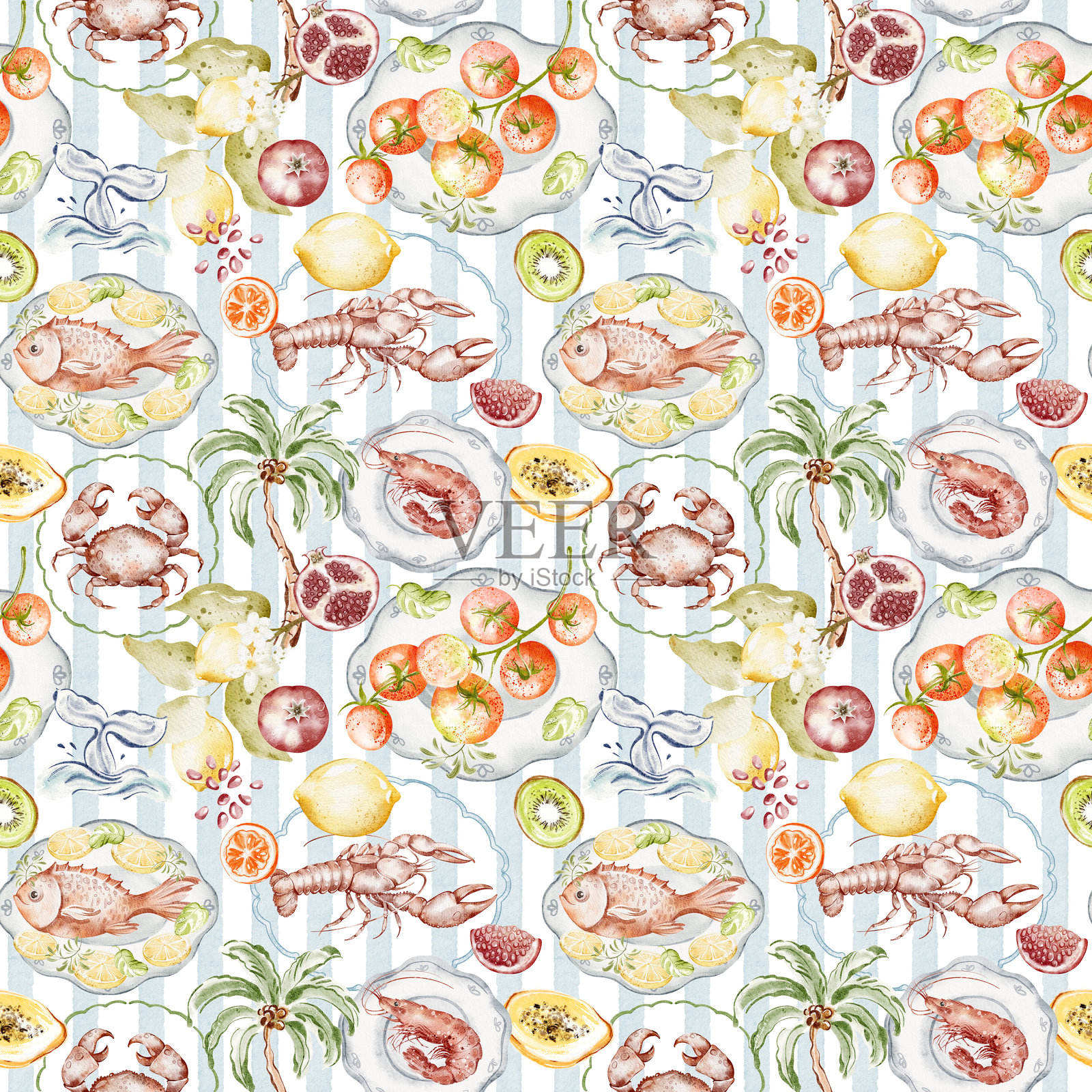 地中海无缝水彩图案,蓝色条纹上的海鲜和柑橘插画图片素材