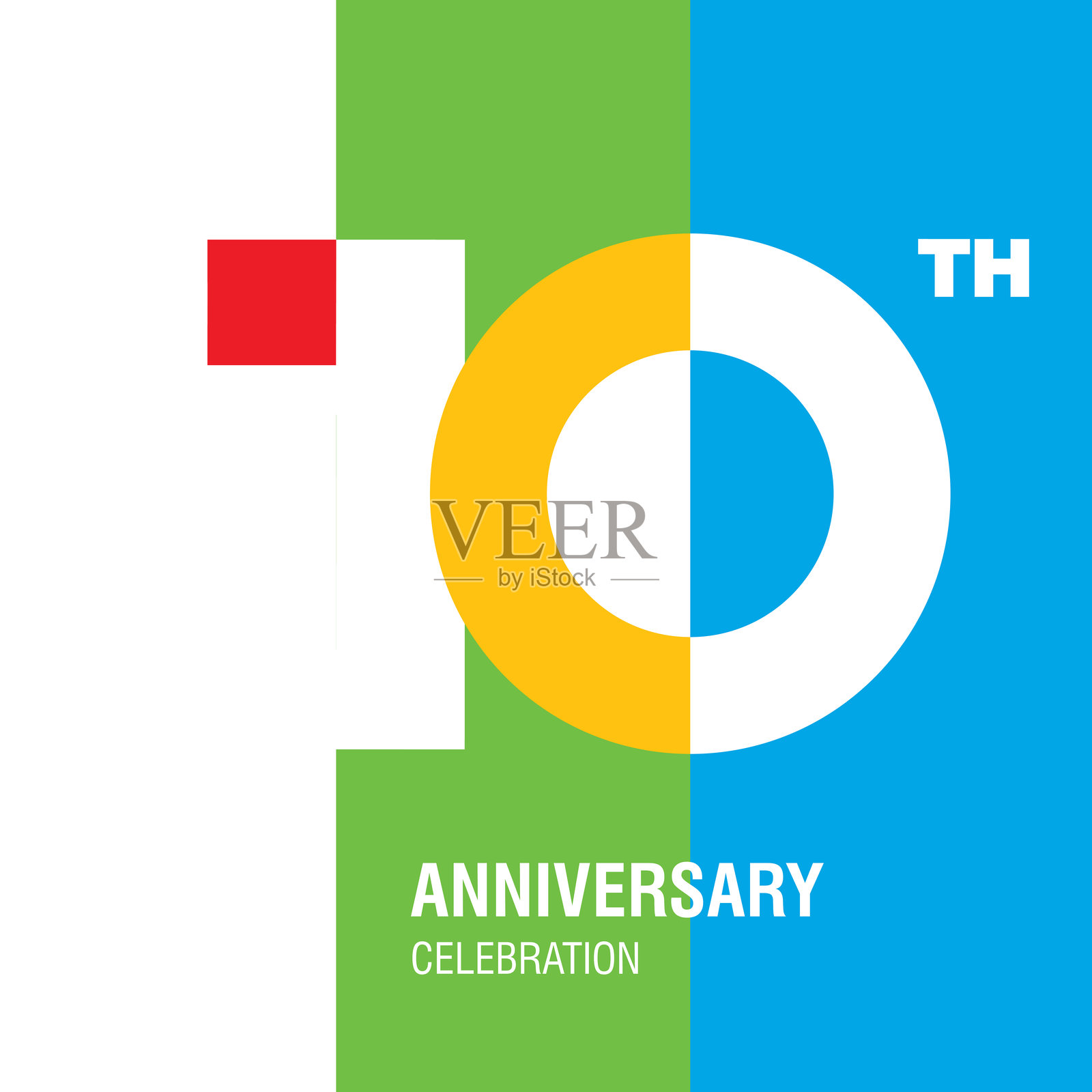 周年纪念logo设计。现代负空间数字组合。第十周年多彩的白色矢量插图。插画图片素材