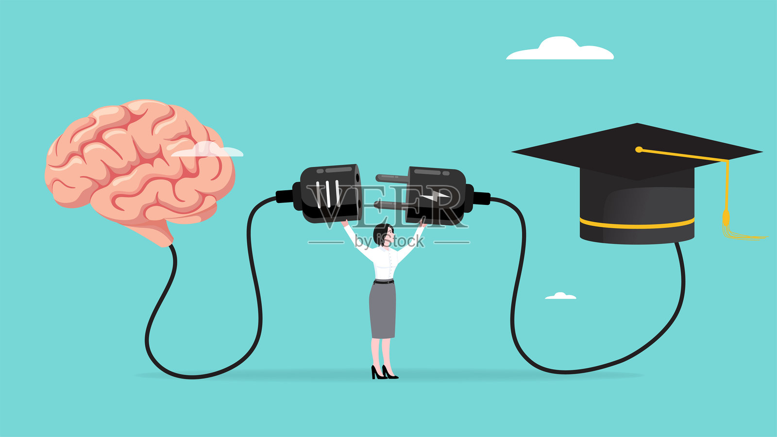 女性将插头连接到人脑与毕业帽的概念矢量插图,象征着通过知识或科学获得高等教育。插画图片素材