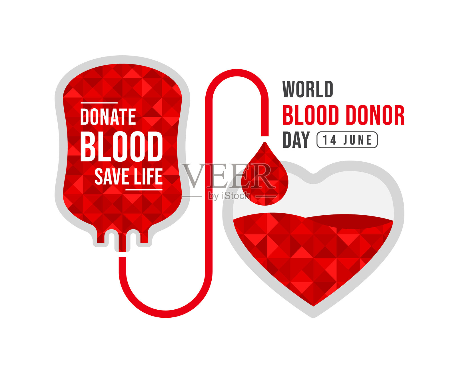 世界献血者日 - 红色血袋流出血液形成心形,低多边形三角纹理矢量设计插画图片素材