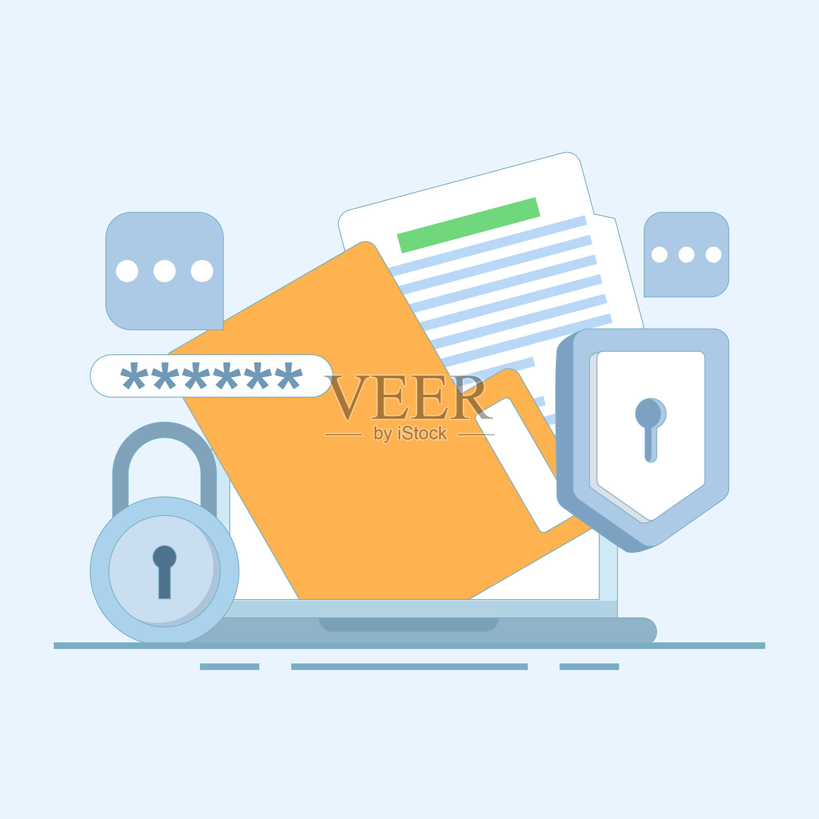 数据保护概念,受密码加密技术保护的文件,个人和商业文件的安全性,带有密码验证和加密技术的文件。扁平插图。插画图片素材