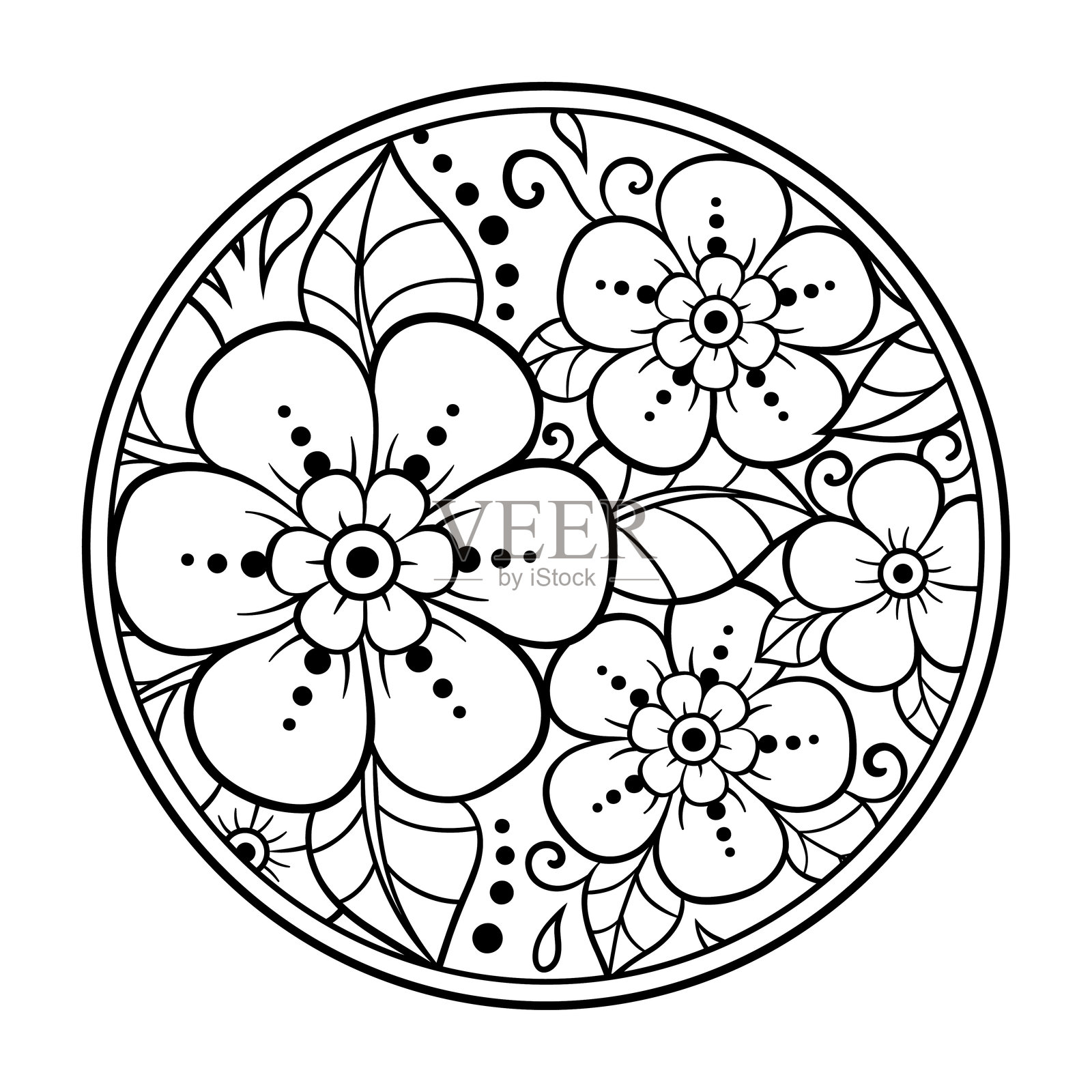 圆形花卉图案的美迪风格轮廓,适合涂色书页面。适合成人和儿童的减压活动。黑白涂鸦装饰。手绘矢量插图。插画图片素材