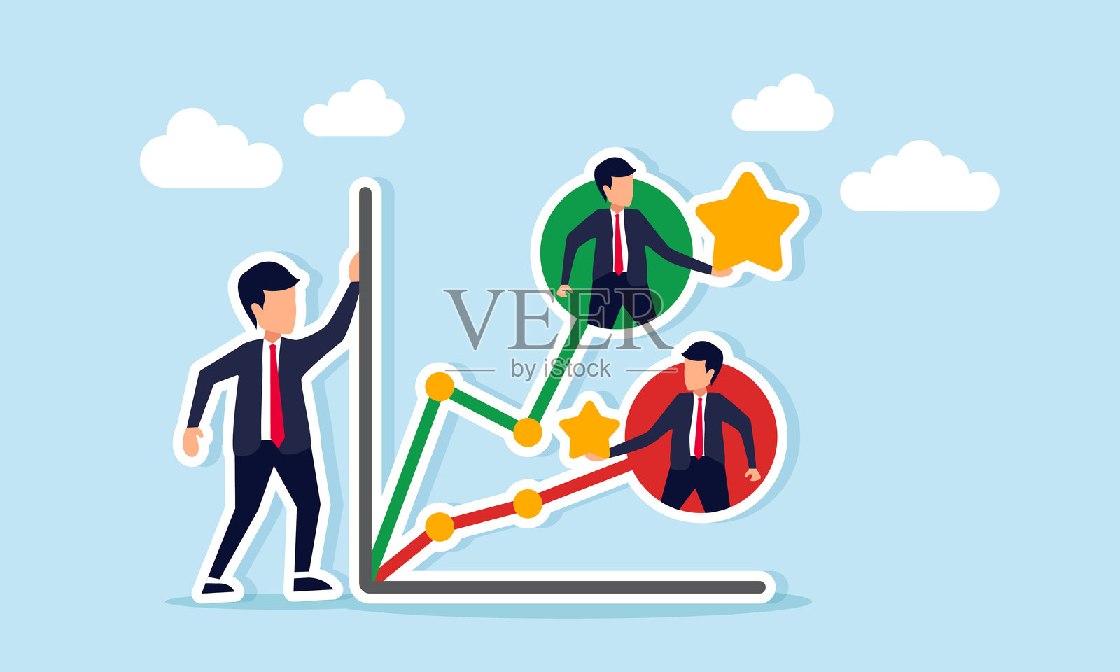 商人站在折线图旁边,展示两位商人分别手持大星星和小星星,象征商业质量标准竞争的插图插画图片素材