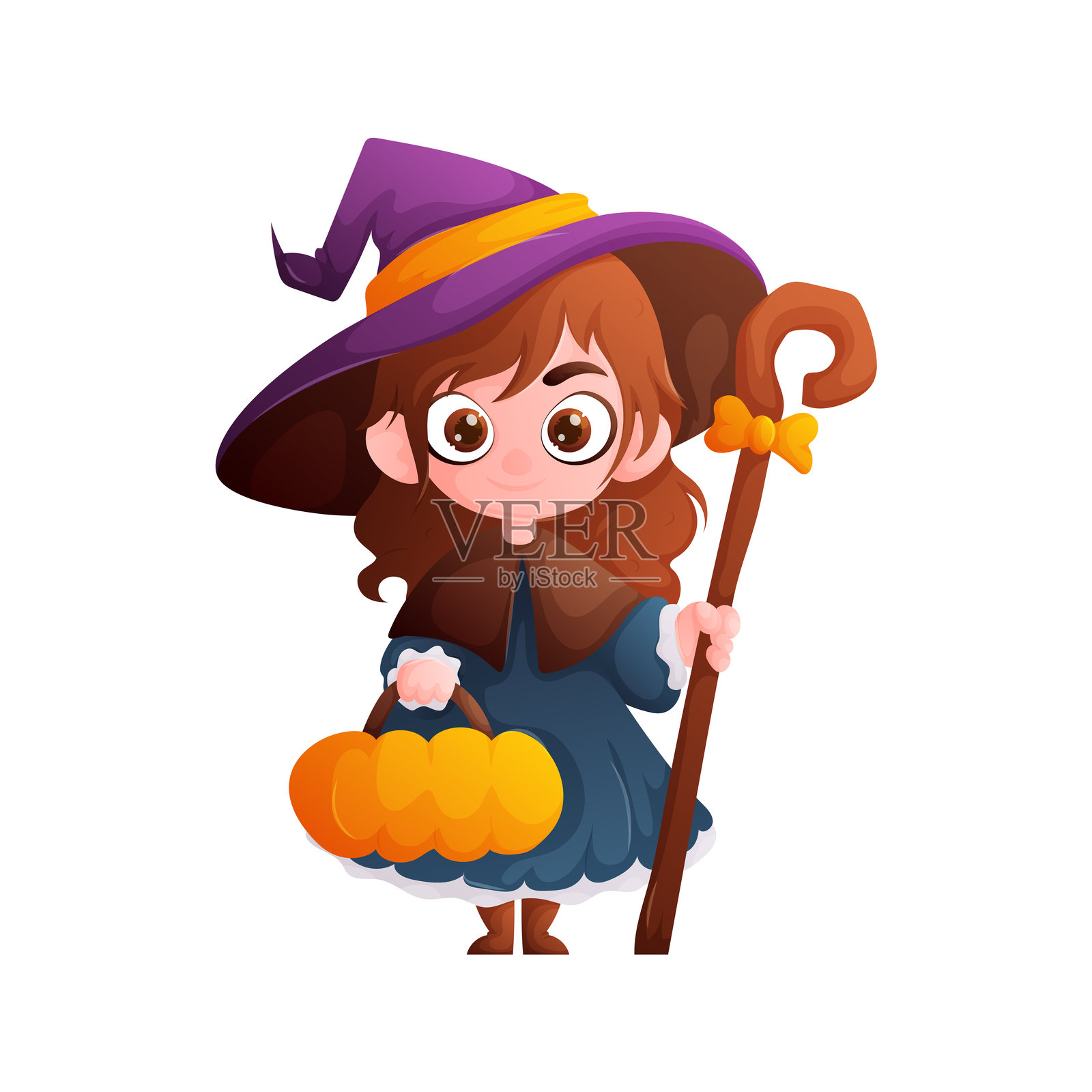 可爱的小卡通女巫,手持南瓜篮和魔法杖,庆祝万圣节。插画图片素材