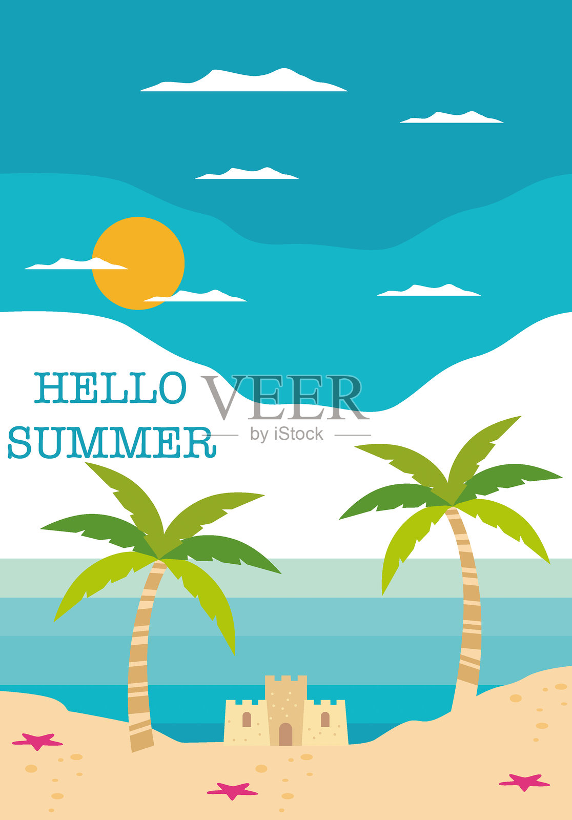 矢量平面插图。海洋和沙滩的海报。放松概念。非常适合夏季促销。插画图片素材